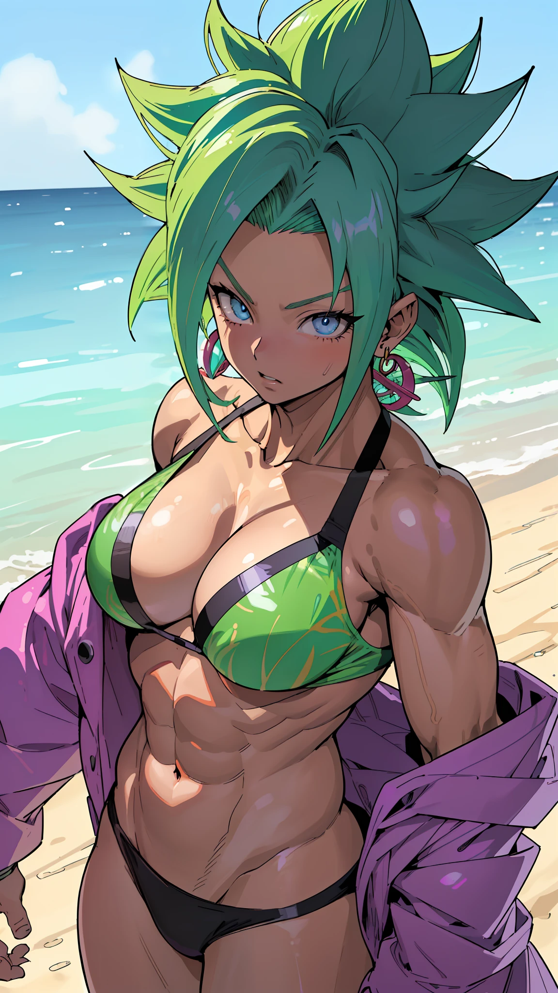 (anime) . Female (woman ((Kefla))), (blue eyes + neon green hair + purple bikini + female Broly + on the beach)  . (Masterpiece: 1.8), (64k quality), (final fantasy artwork concept), detailed (manga eyes + hair + clothes + body + face + colors + shoulders + eyes (globular + transparent + liquid) + (sharper drawings) + (shiny jewelry) + (clothes folds) + (rounded eyes) + (consistent clothes) + (clothing features) + (eyes line), better (colorful + (coarser line) + (black line) + finishing . [Drawing] (Anime (Manga (Comics))) + (Coarse Line: 1.8) + (Black Line: 1.8) + (Color: 1.8) + (Clean: 1.8) + (Contrast: 1.8) + (Black Outline: 1.8) + (adjusted colors: 1.8) + (shadow set: 1.8) + (manga eyes: 1.8) + ((muscle: 1.8)) + ((bodybuilder: 1.8)), ((made homogeneous: 1.3))