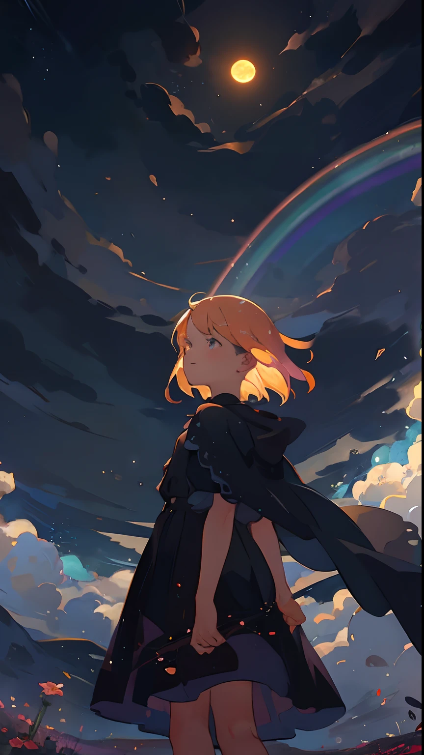 Vast landscape photos, (viewed from below, The sky is above、The open field is below), Boy standing in a flower field and looking up, Blonde Bob Cut, Van Gogh, (fullmoon: 1.2), (Meteor: 0.9), (nebulas: 1.3), mountain in the distance , Tree Break Craft Art, (Warm light: 1.2), (fireflys: 1.2), A light, lot of purple and orange, Intricate details, Volumetric lighting, Realism Break (masutepiece: 1.2), (Best Quality), 4K, Ultra-detailed, (dynamic compositions: 1.4), Very detailed, Colorful Detail, (Rainbow colors: 1.2), (Glow lighting, Atmospheric lighting), Dreamy, Magical, (Solo: 1.2)