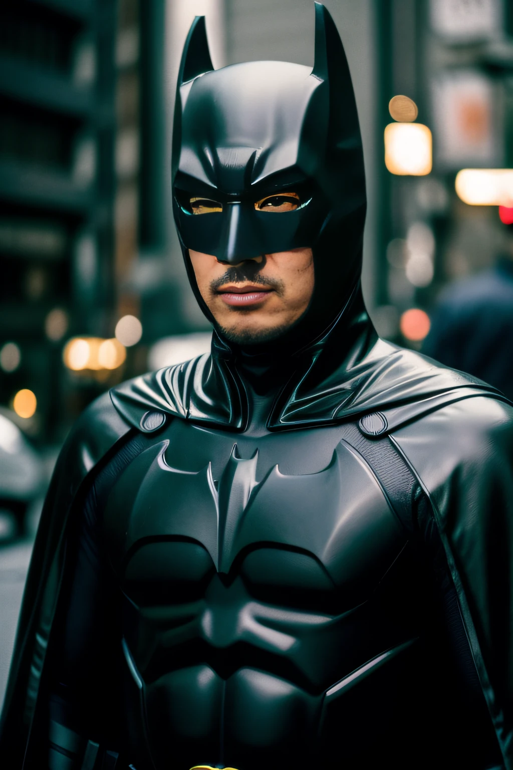 Japanese man, Vestindo como Batman, nos anos 80, Black plastic rubber suit, On the streets of Tokyo on a cloudy day, chuvoso, em 1983, 80s, realista, Imagem vintage, close up, 8k hiperrealista, foco nítido, Fujifilm XT3, grain of film