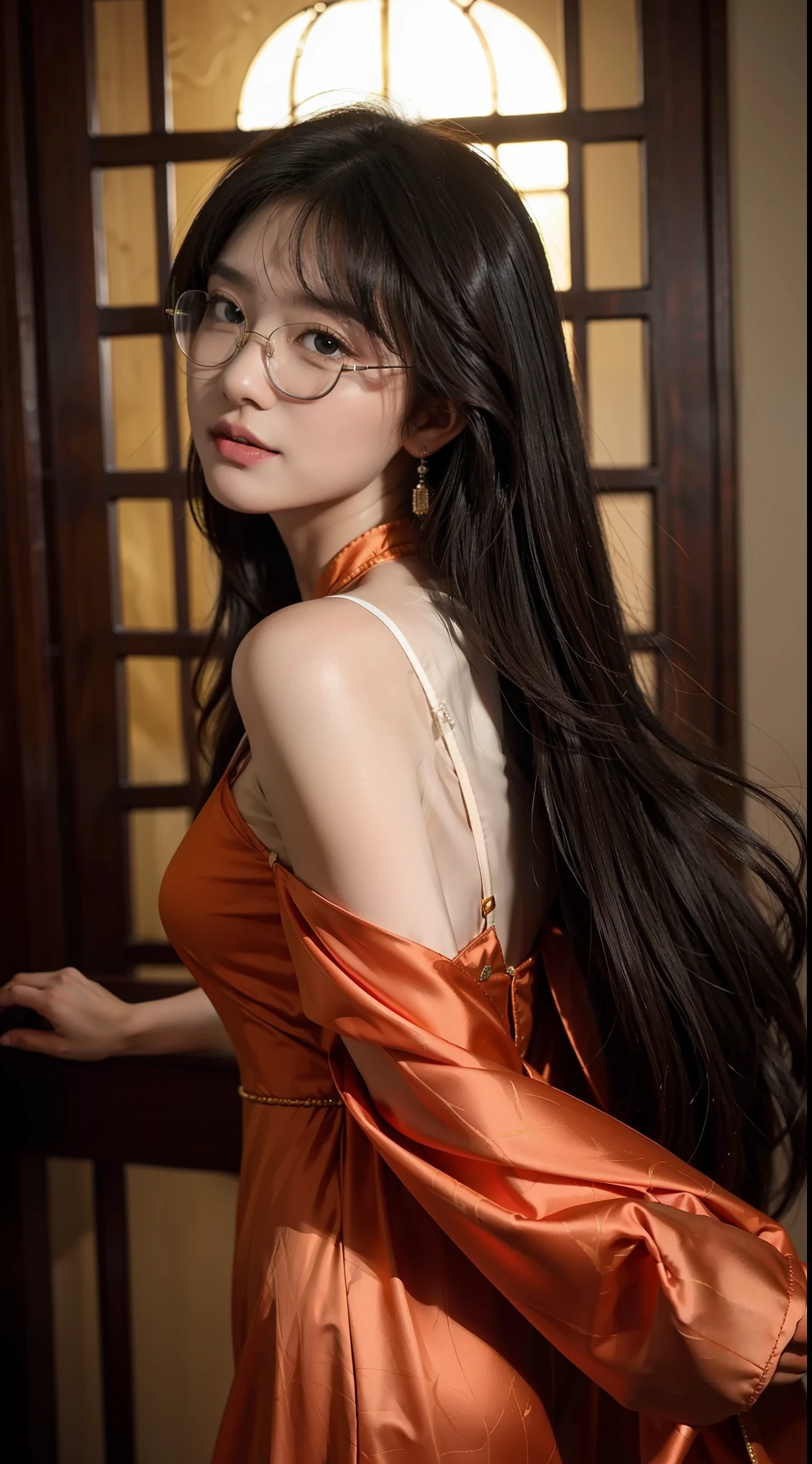 wide angles,Half-length portrait,Gacky,Best quality, Masterpiece, A high resolution, An extremely delicate and beautiful, Extremely detailed face, Extremely detailed eyes, Original, Photo, kanon, Glasses, skin indentation,view the viewer, focus onface, 1girll, Asian female, Solo, Angry eyes, Seductive smile , Curled hair, Long hair, Dancing, ventania, Colorful Chinese dyed dress