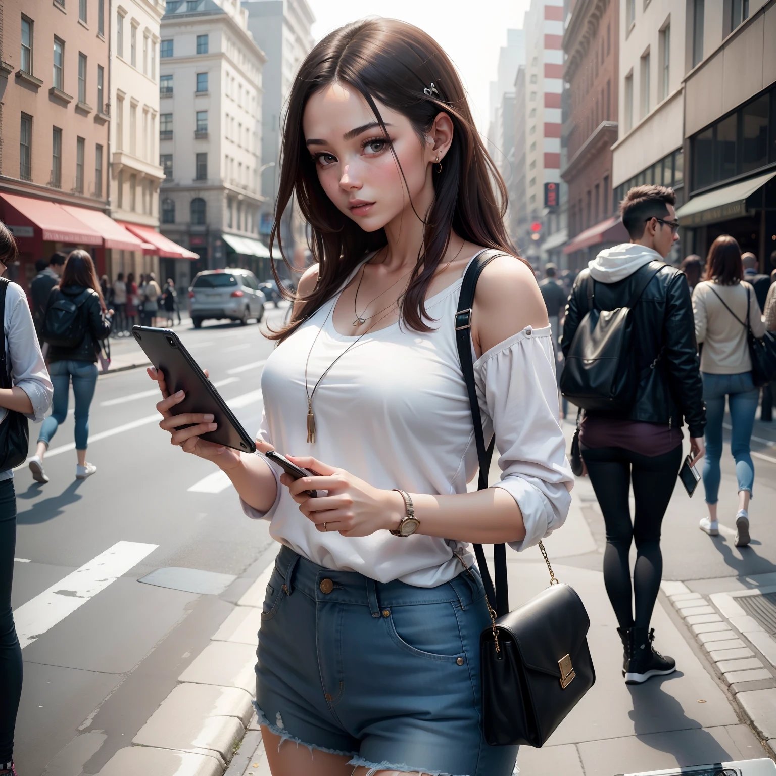 Beautiful woman, fiddling with cell phone in the middle of the street, short clothes