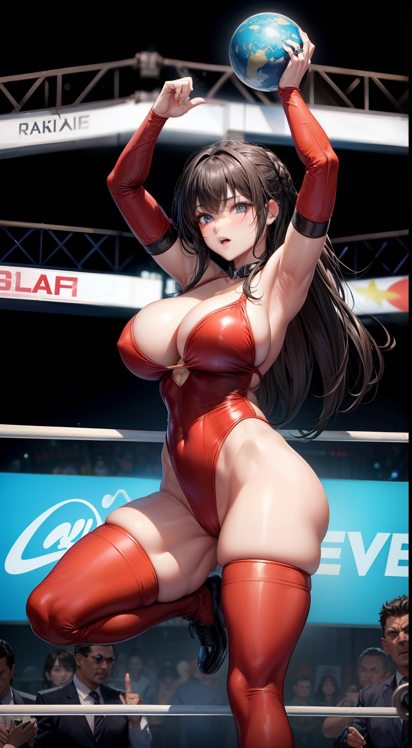 On the ring、professional female wrestler、a beauty girl、huge 、leotard、bewitching、Longhaire、A dark-haired、globe、Ring Shoes、game