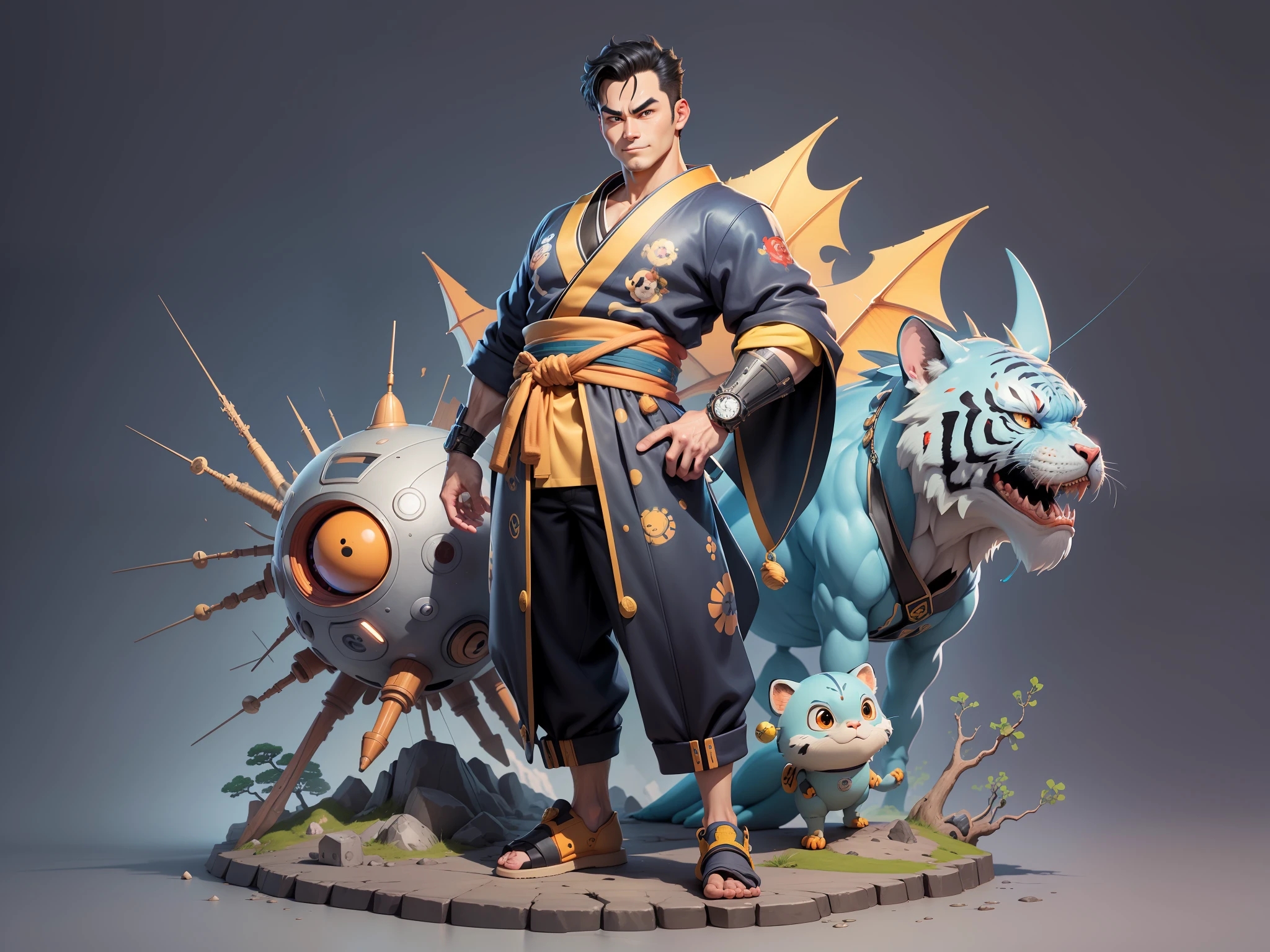 (Masterpiece), (Excellent), (Super Meticulous), (Full Body: 1.2), Super Young Man, Oriental Face, Japanese Kimono, Japanese Wind Thunder God, Dragon, Tiger, TV Anchor, Bust Portrait Illustration, Alone, Black Suit, Blue Tie, Slightly Chubby Face, Very Clean Face, No Beard, Black Super Short Hair, Black Eyes, Confident Smile, 3c Computer Sub-Products, iPad, iPhone, Digital Painting, 3D Character Design by Akira Toriyama and Mark Claireden and Pixar and Hayao Miyazaki, The illustration is a high-definition illustration in 4K resolution with very detailed facial features and cartoon-style visuals.