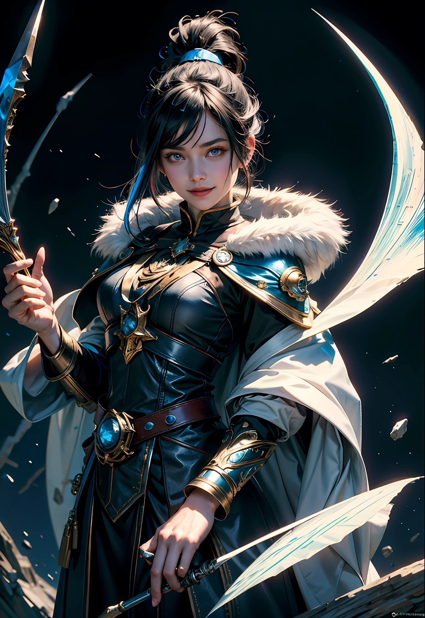 masterpiece, highres, best quality, white wizard cape, 1girl, solo, split colored(blue) (black) hair, smile, multicolored eyes, high quality artstyle, ultra detailed, holding a blue magic staf in her hands, quality shadows, 8K, ponytail, light mage,
