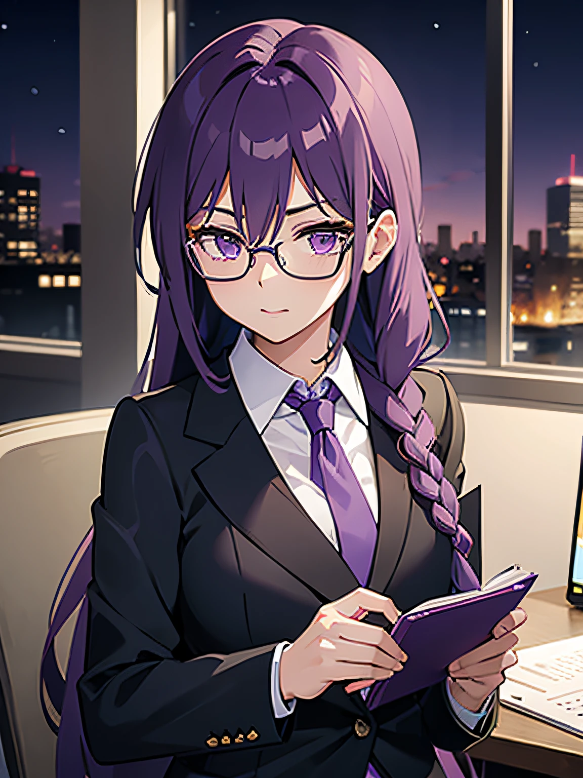 1woman, long purple hair in a side braid, purple eyes, glasses, wearing a business suit. office.