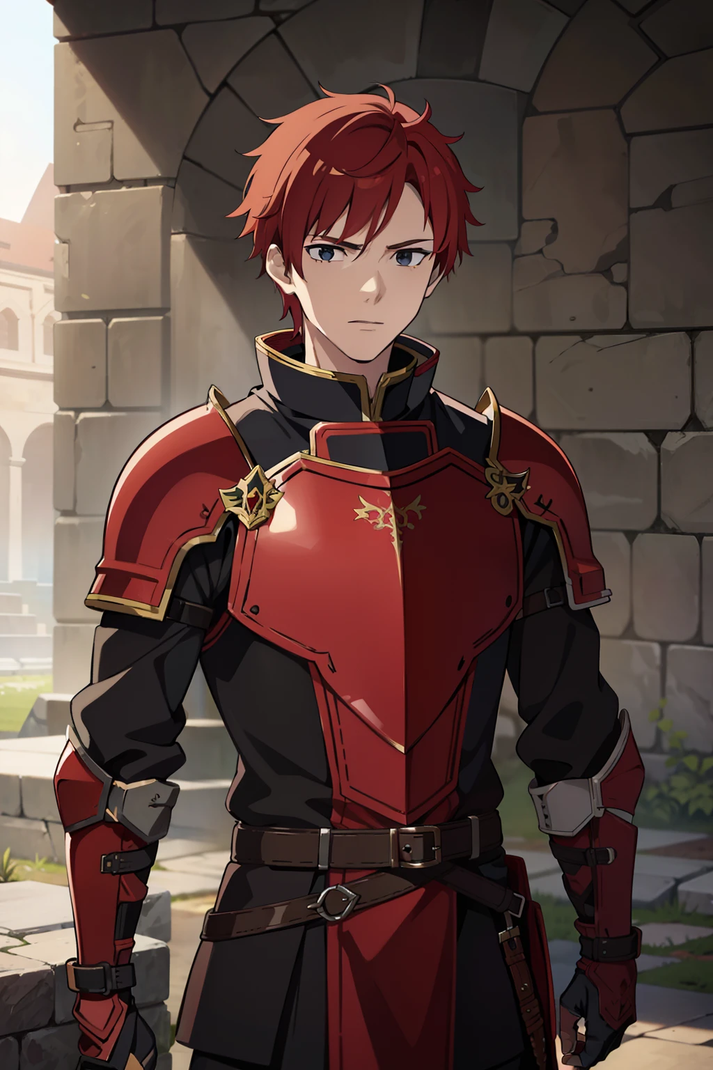 male, 16 years old, short red hair, detailed face, in light armor with a long sword on his back, front camera