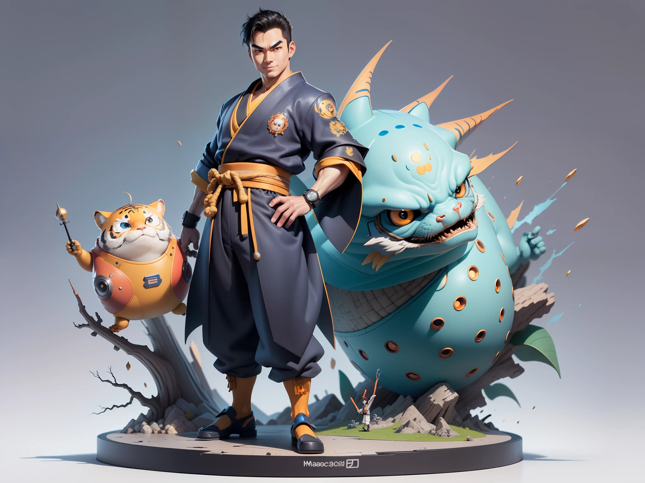 (Masterpiece), (Excellent), (Super Meticulous), (Full Body: 1.2), Super Young Man, Oriental Face, Japanese Kimono, Japanese Wind Thunder God, Dragon, Tiger, TV Anchor, Bust Portrait Illustration, Alone, Black Suit, Blue Tie, Slightly Chubby Face, Very Clean Face, No Beard, Black Super Short Hair, Black Eyes, Confident Smile, 3c Computer Sub-Products, iPad, iPhone, Digital Painting, 3D Character Design by Akira Toriyama and Mark Claireden and Pixar and Hayao Miyazaki, The illustration is a high-definition illustration in 4K resolution with very detailed facial features and cartoon-style visuals.