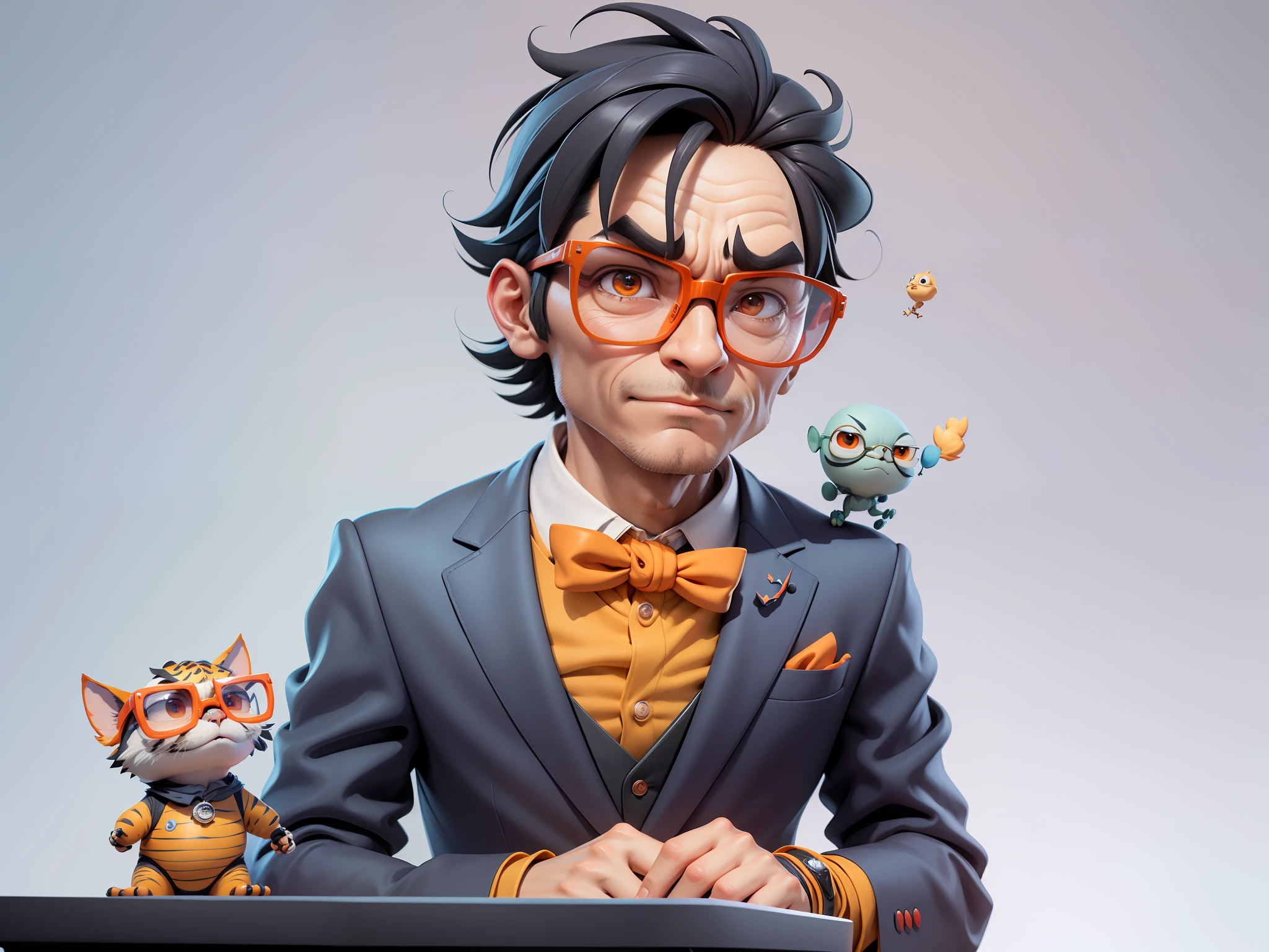 A young man in a suit, Short hair and glasses sat at his desk,holding laptop,digitial painting,tigre,3D character design by Mark Clairen and Pixar and Hayao Miyazaki and Akira Toriyama,4K HD illustration,Very detailed facial features and cartoon-style visuals。