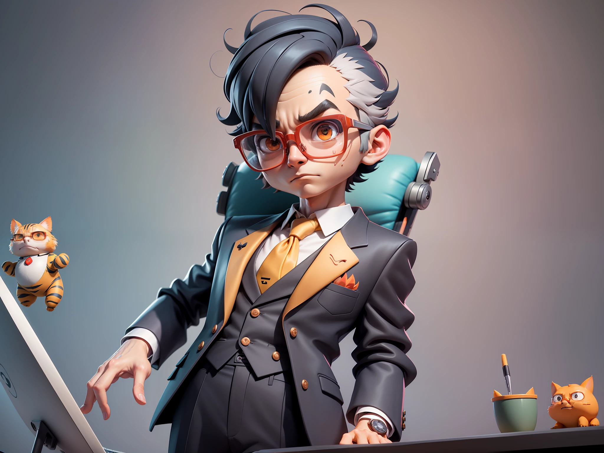 A young man in a suit, Short hair and glasses sat at his desk，holding laptop，digitial painting，tigre，3D character design by Mark Clairen and Pixar and Hayao Miyazaki and Akira Toriyama，4K HD illustration，Very detailed facial features and cartoon-style visuals。