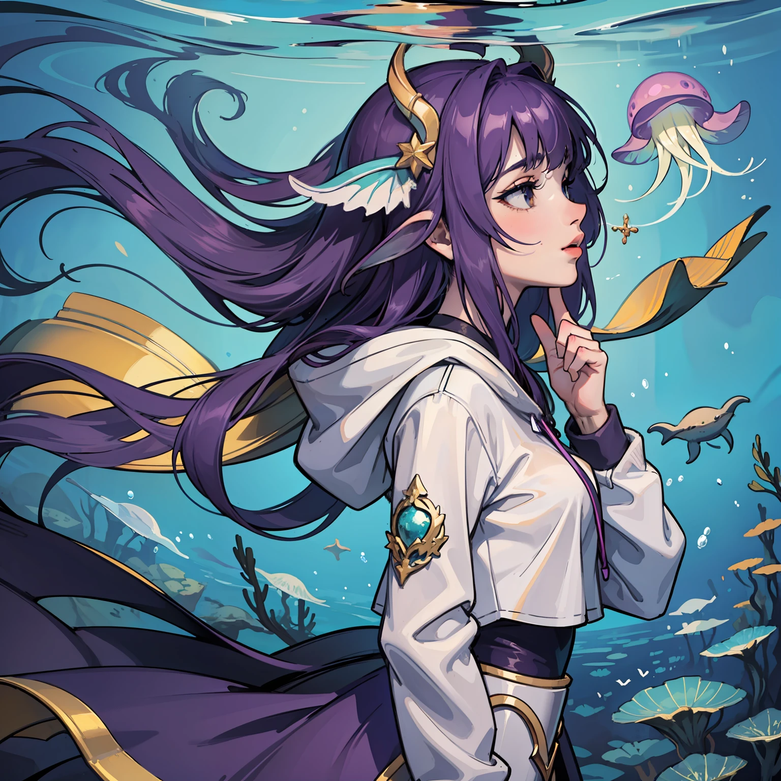 1 woman, masterpiece, best quality, detailed background, solo, portrait, detailed pretty face, feminine female, long hair, floating, hoodie over head, seafloor, star light, sea grass, colorful jellyfish, five heads tall, depth of field, profile picture, dolphins, pretty, under the sea, standing in water, disney style, dark purple hair