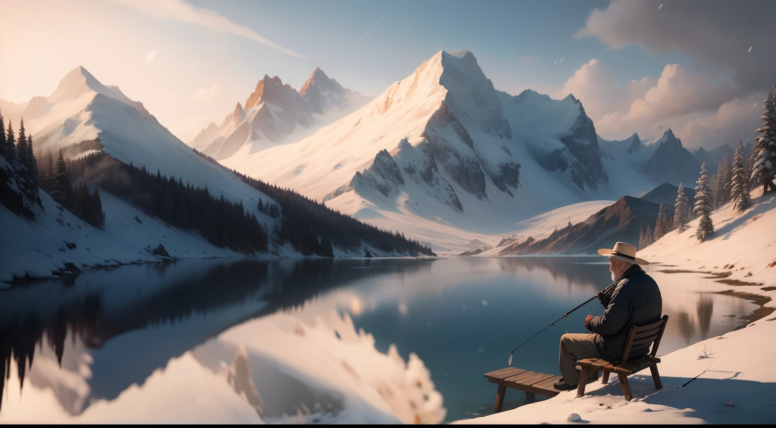 An old man,Sit by the water and fish,holding fishing rod,Snow all around,The wide lake is calm,In the distance, Only hazy silhouettes can be seen on the mountain,Best quality at best,Works of masters,Top art paintings,Full of artistic conception