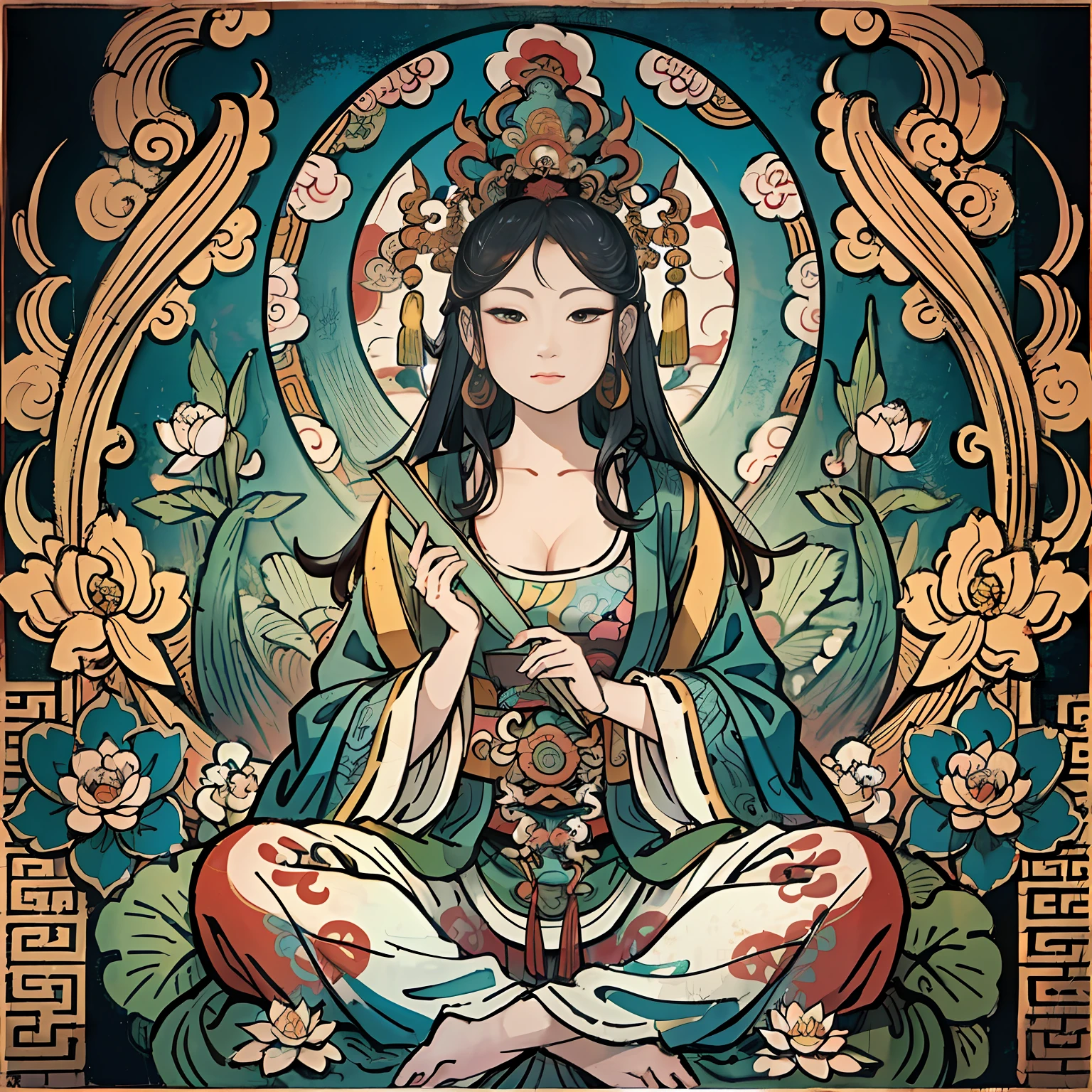 an ancient Chinese goddess, guanyin of the southern seas, Guanyin, Inspired by India, Avalokiteshvara，,Serene expression,shui mo hua,Buddha,Buddhist,Lotus,Chinese painting style,Thangka style