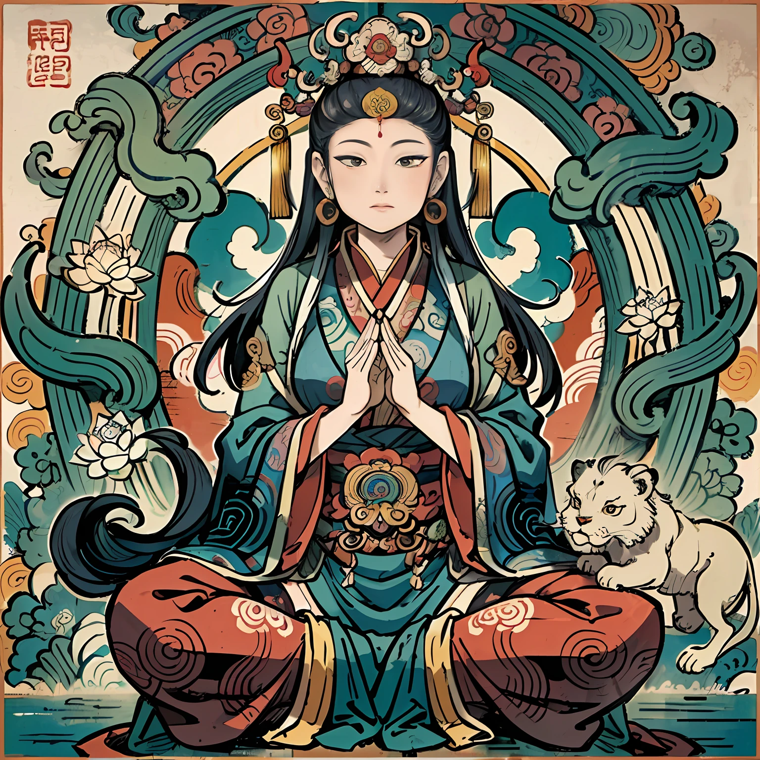 an ancient Chinese goddess, guanyin of the southern seas, Guanyin, Inspired by India, Avalokiteshvara rides a lion,,Serene expression,shui mo hua,Buddha,Buddhist,Lotus,Chinese painting style,Thangka style