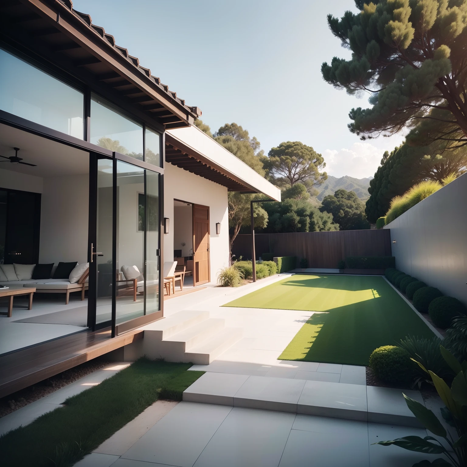 Obra-prima, alta qualidade, melhor qualidade, super detalhe, minimalismo, exterior, Luxury leisure area, casa moderna, plantas, cobertura, detalhes, outdoor area with glass doors, formato story para instagram/(moderno/)