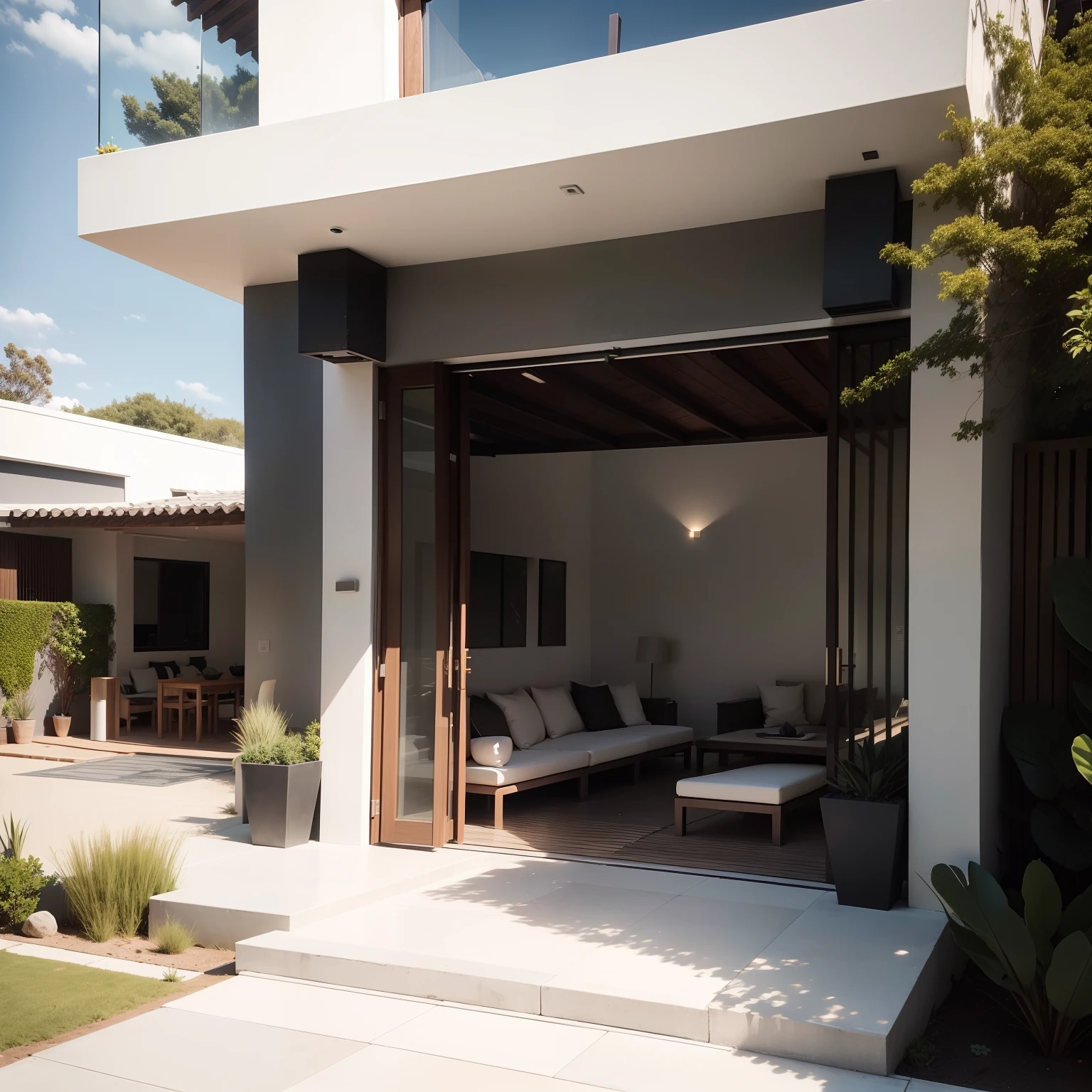 Obra-prima, alta qualidade, melhor qualidade, super detalhe, minimalismo, exterior, Luxury leisure area, casa moderna, plantas, cobertura, detalhes, outdoor area with glass doors, formato story para instagram/(moderno/)