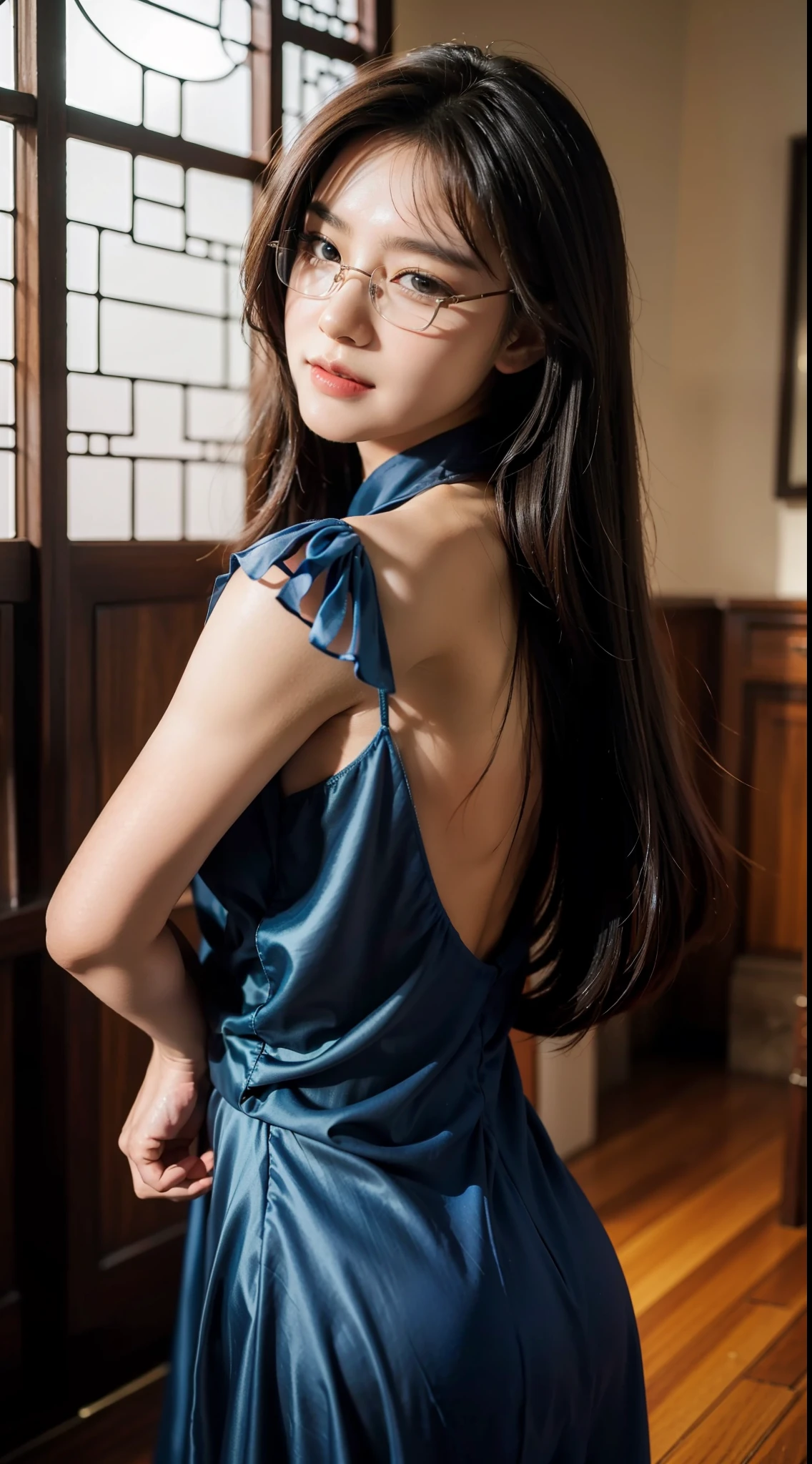 wide angles,Half-length portrait,Gacky,Best quality, Masterpiece, A high resolution, An extremely delicate and beautiful, Extremely detailed face, Extremely detailed eyes, Original, Photo, kanon, Glasses, skin indentation,view the viewer, focus onface, 1girll, Asian female, Solo, Angry eyes, Seductive smile , Curled hair, Long hair, Dancing, ventania, Colorful Chinese dyed dress