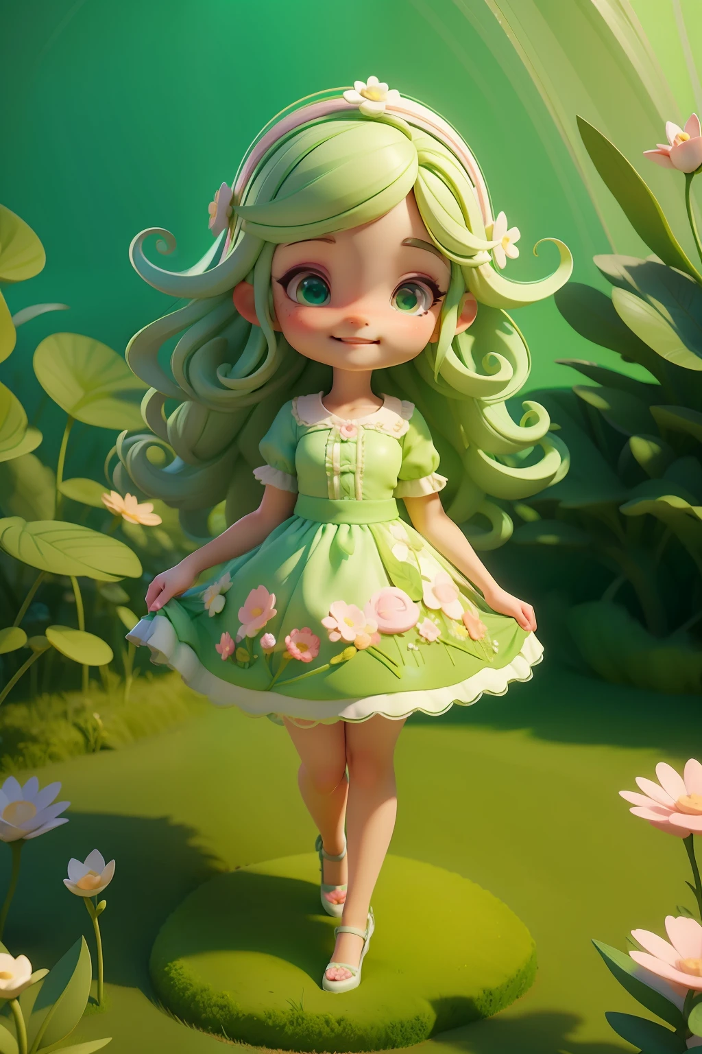Avatar ,sorriso meigo e delicado,vestida com uma jardineira, corpo inteiro,pele clara e olhos verdes,cartoon 3D com blusa delicada,, casaco peludinha, cabelos amarelo e rosa,Field full of trees and flowers, underwater bubbles,