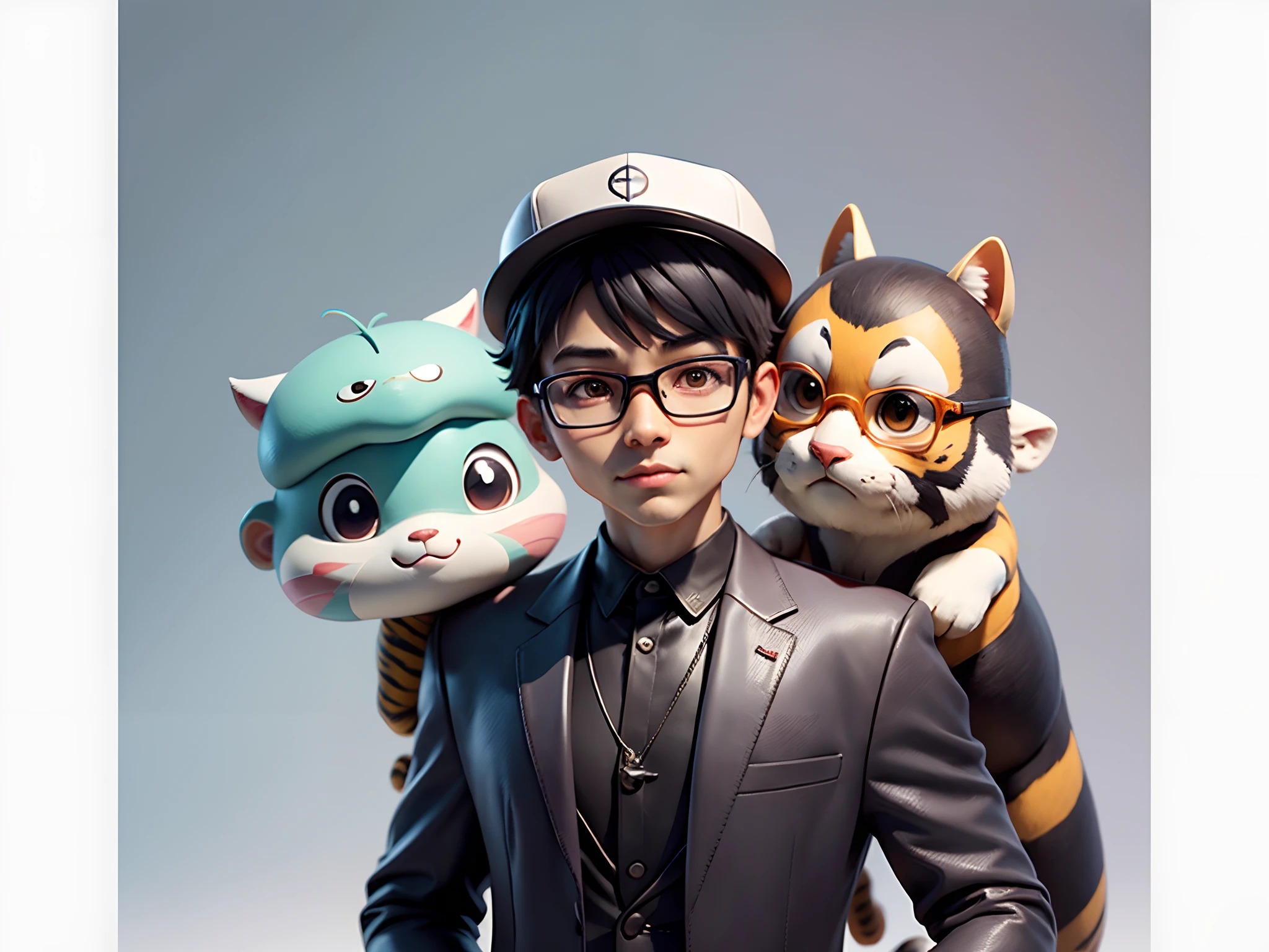 Young man with oriental face in leather hat, tiger, oriental face in formal suit, short black hair, silver glasses, digital painting, 3D character design by Mark Clairedon and Pixar and Hayao Miyazaki and Akira Toriyama, the illustration is a high-definition illustration in 4K resolution with very detailed facial features and cartoon-style visuals.