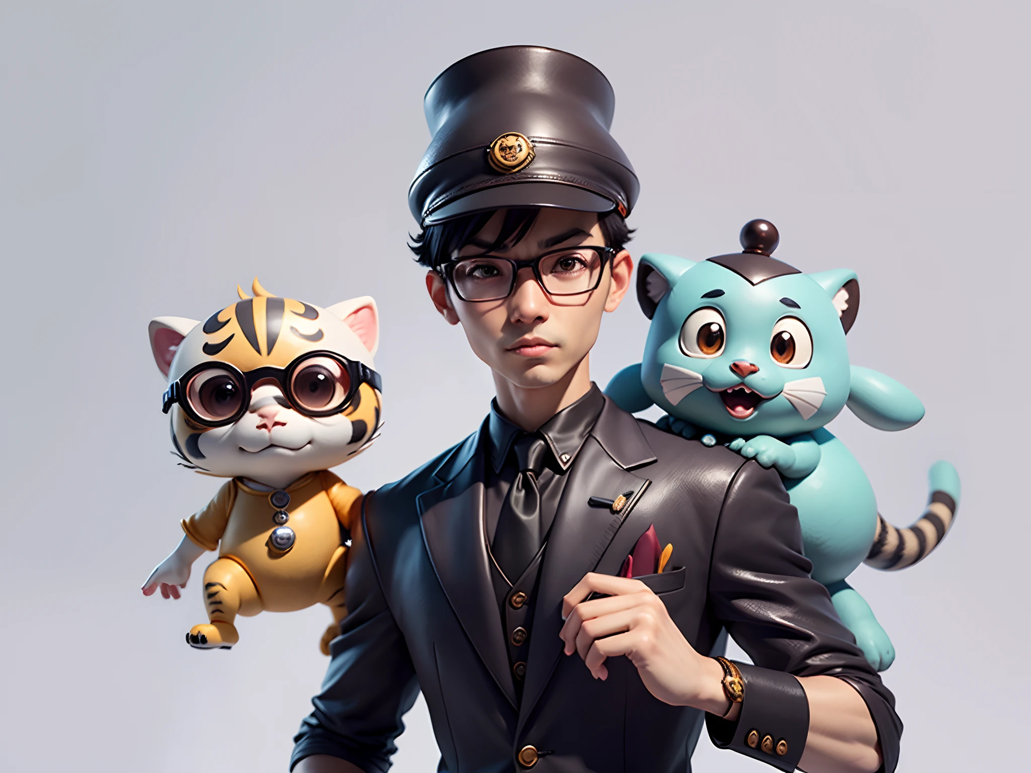 Young man with oriental face in leather hat, tiger, oriental face in formal suit, short black hair, silver glasses, digital painting, 3D character design by Mark Clairedon and Pixar and Hayao Miyazaki and Akira Toriyama, the illustration is a high-definition illustration in 4K resolution with very detailed facial features and cartoon-style visuals.