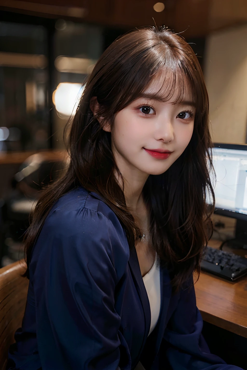 (8k RAW photo、top-quality、masterpiece、8K-UHD)、(realisitic、Photorealsitic:1.37)、(Anatomically accurate and realistic skin)、超A high resolution、 depth of fields、Film Lighting、film grains、Serious 30-year-old woman、Female Announcer、tareme、Brown eyes、longeyelashes、bags under eyes、Glossy lips、cute face、Highly detailed eyes and hair、poneyTail、Skin with beautiful details、A smile、brown haired、thick bangs、shinny hair、curlyhair、Shorthair、Navy blue suit long sleeve announcer、Sitting in the studio、