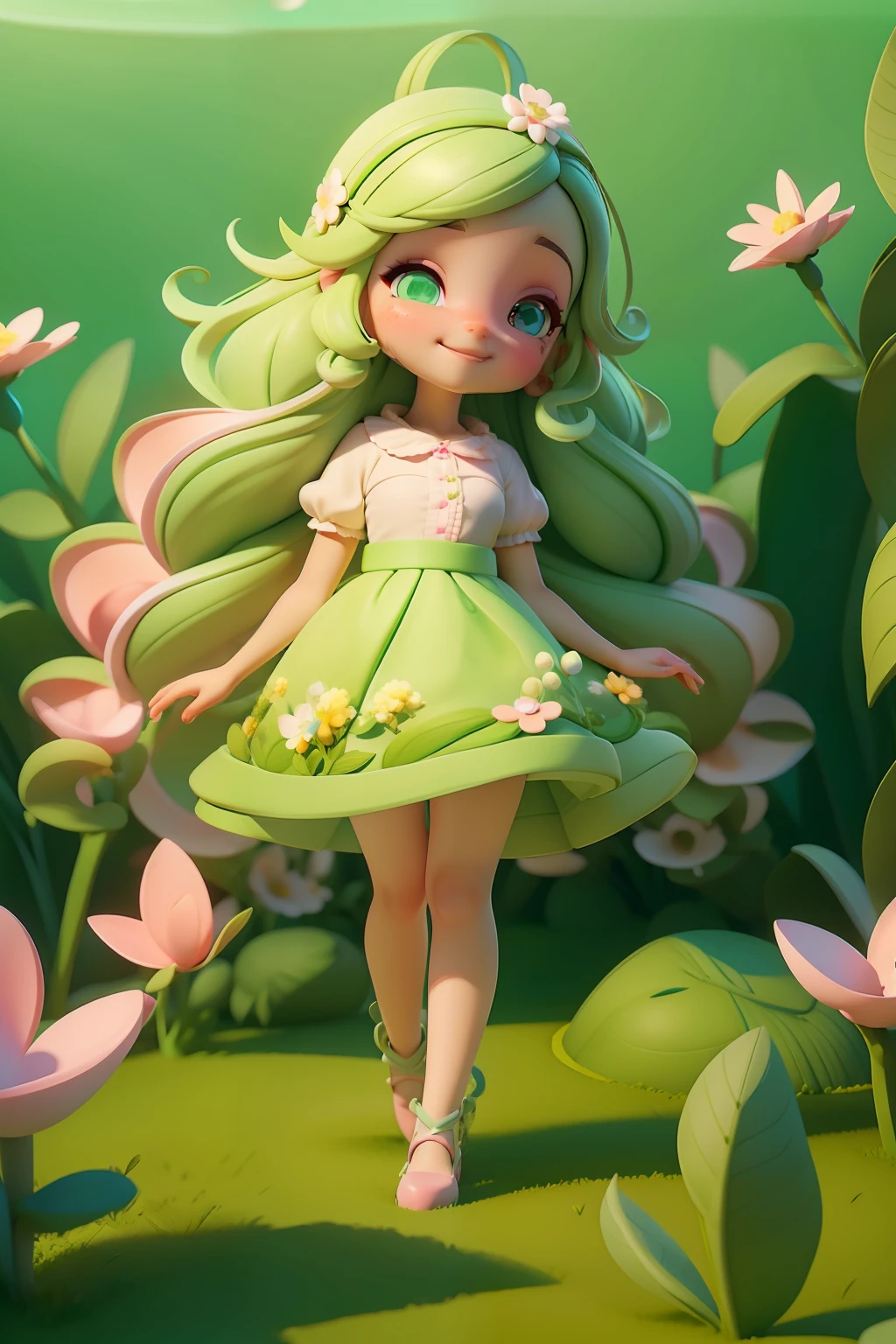 Avatar menina,sorriso meigo e delicado,vestida com uma jardineira, corpo inteiro,pele clara e olhos verdes,cartoon 3D com blusa delicada,, casaco peludinha, cabelos amarelo e rosa,Field full of trees and flowers, underwater bubbles,