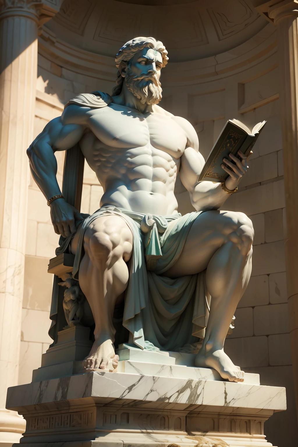 Arafed statue of a man holding a book and a book, greco roman statue, Greek statue, deus grego, an ancient greek statue, O Deus Hefesto, statue of hercules, Greek marble statue, Furioso Deus Zeus, O Deus Grego, ancient greek statue, classical statue, statue of zeus, statue of hercules looking angry, O Deus Zeus, close no rosto