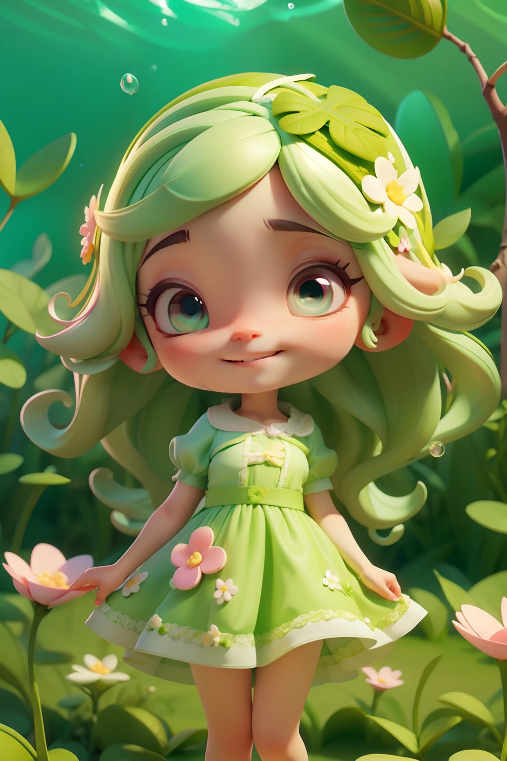 Avatar menina,sorriso meigo e delicado,vestida com uma jardineira, corpo inteiro,pele clara e olhos verdes,cartoon 3D com blusa delicada,, casaco peludinha, cabelos amarelo e rosa,Field full of trees and flowers, underwater bubbles,