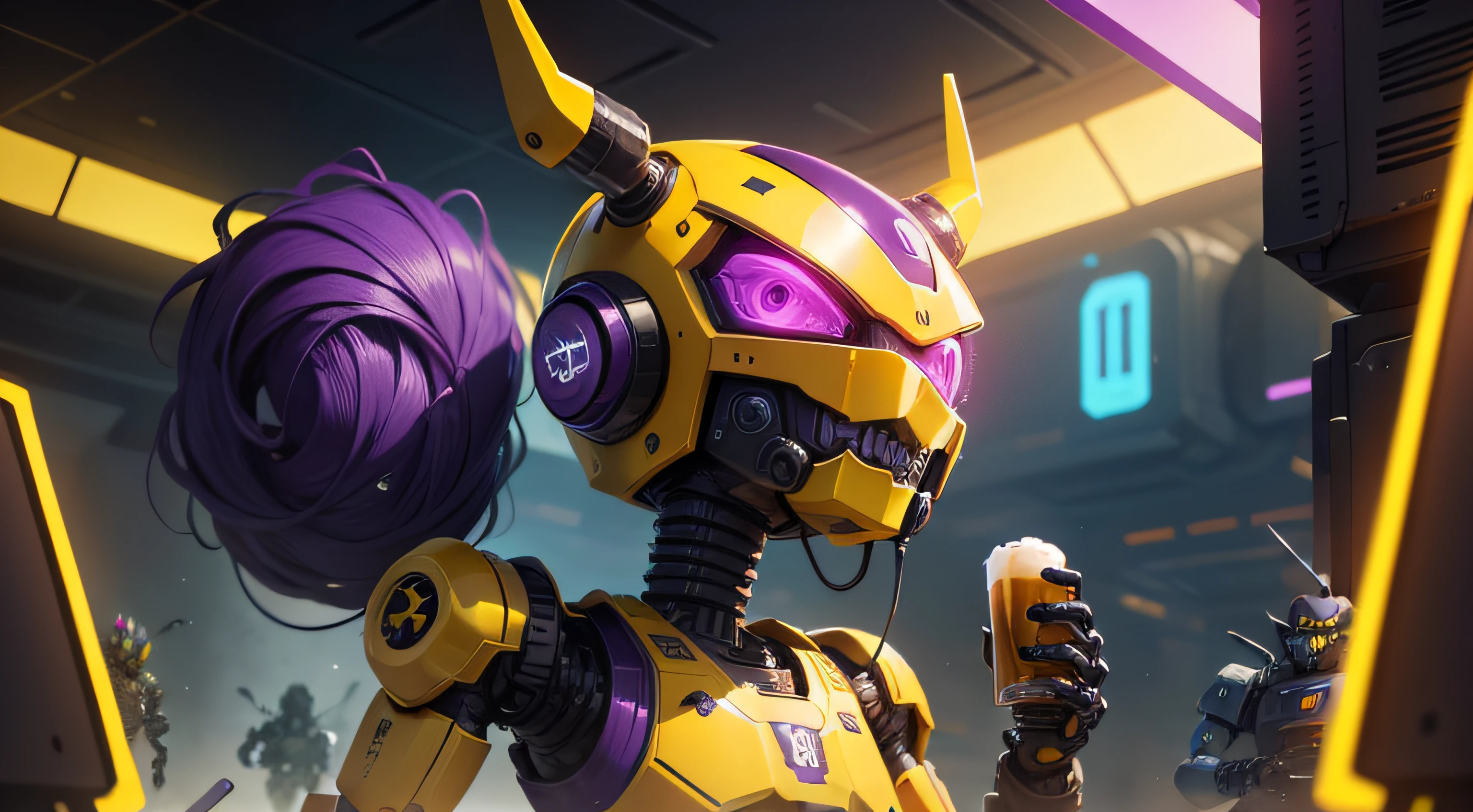Create an image with a background in shades of yellow and a little monsters and robots with pixel details with a beer in hand in purple color, and a robotic and futuristic environment