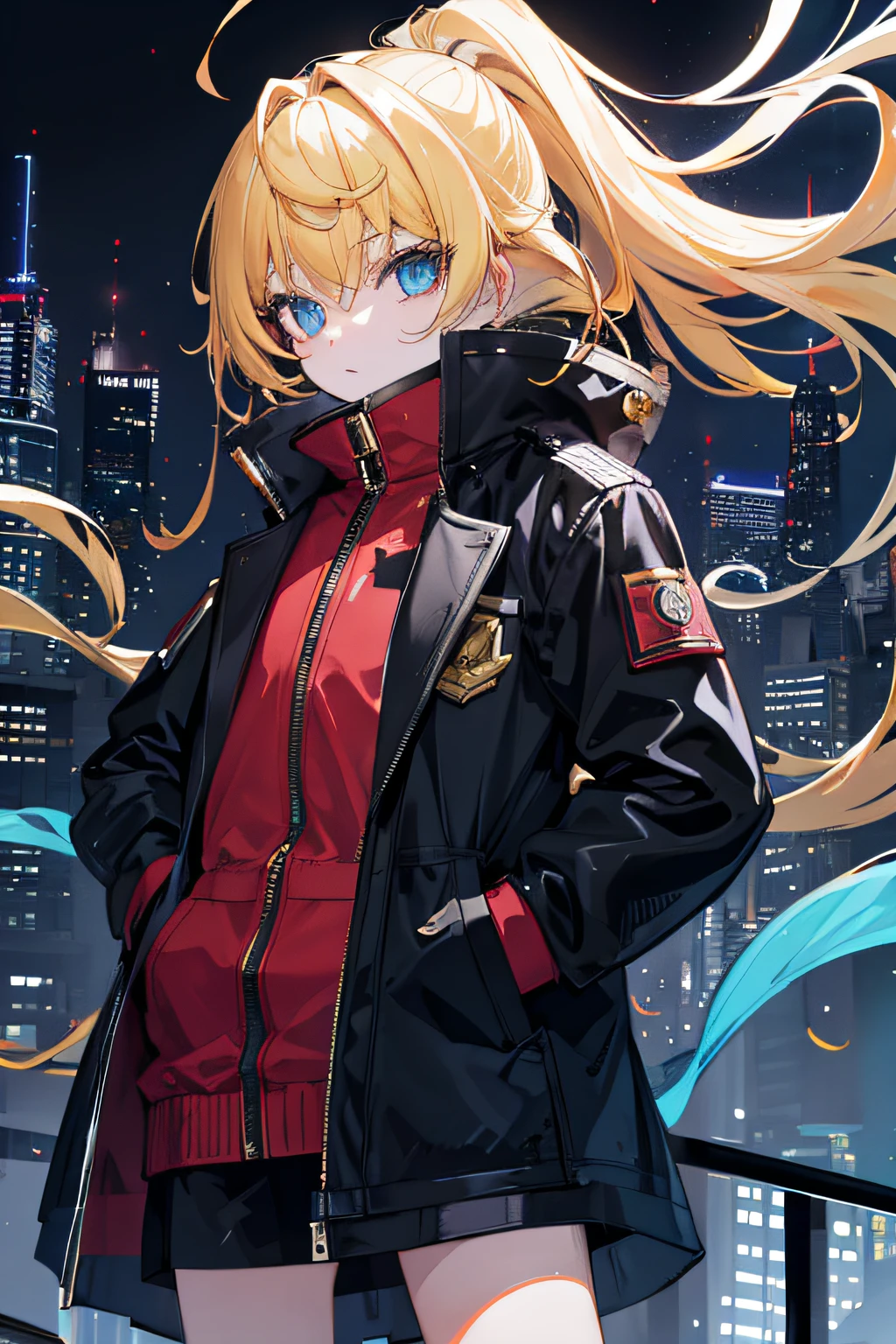 1girll，nightcity，Sateen，coat large，Put your hands in your pockets，Golden hair，Yellow hair