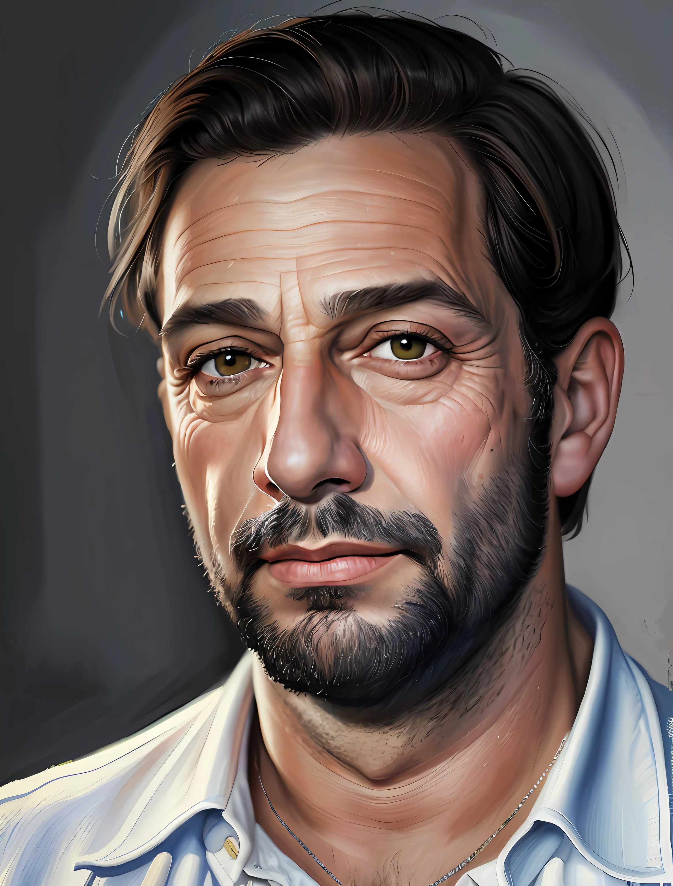 Homem com um olhar surpreso no rosto, camisa branca, camisa branca, Arte Digital. Foto realista, #1 pintura digital de todos os tempos, # 1 pintura digital de todos os tempos, retrato ultra realista, Foto retrato realista, pintura digital dos desenhos animados, ultra realistic illustration, retrato realista da foto, Directed by: Ludwik Konarzewski, Retrato de esconder a dor Harold, pintado digitalmente