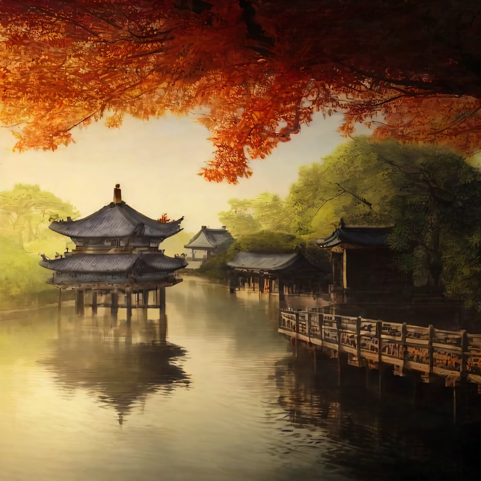 arafed view of a bridge and pagoda in a park with trees, beautiful render of tang dynasty, oriental wallpaper, dreamy chinese town, chinese style, scenery wallpaper, zen temple background, chinese landscape, beautiful wallpaper, ancient chinese architecture, japanese landscape, japanese town, amazing wallpaper, chinese village, detailed scenery —width 672, japanese village, japanese city