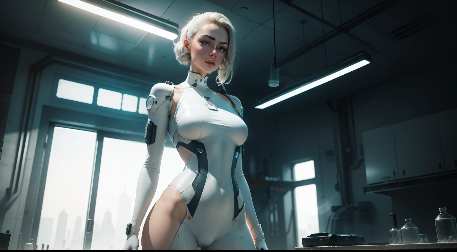 Realistic woman wearing a white bodysuit standing in an aseptic laboratory, half body, seducing pose, sci Fi, cyberpunk, dramatic lights, minimalistic background, ultra detailed, photorealistic, masterpiece, trending on Artstation.