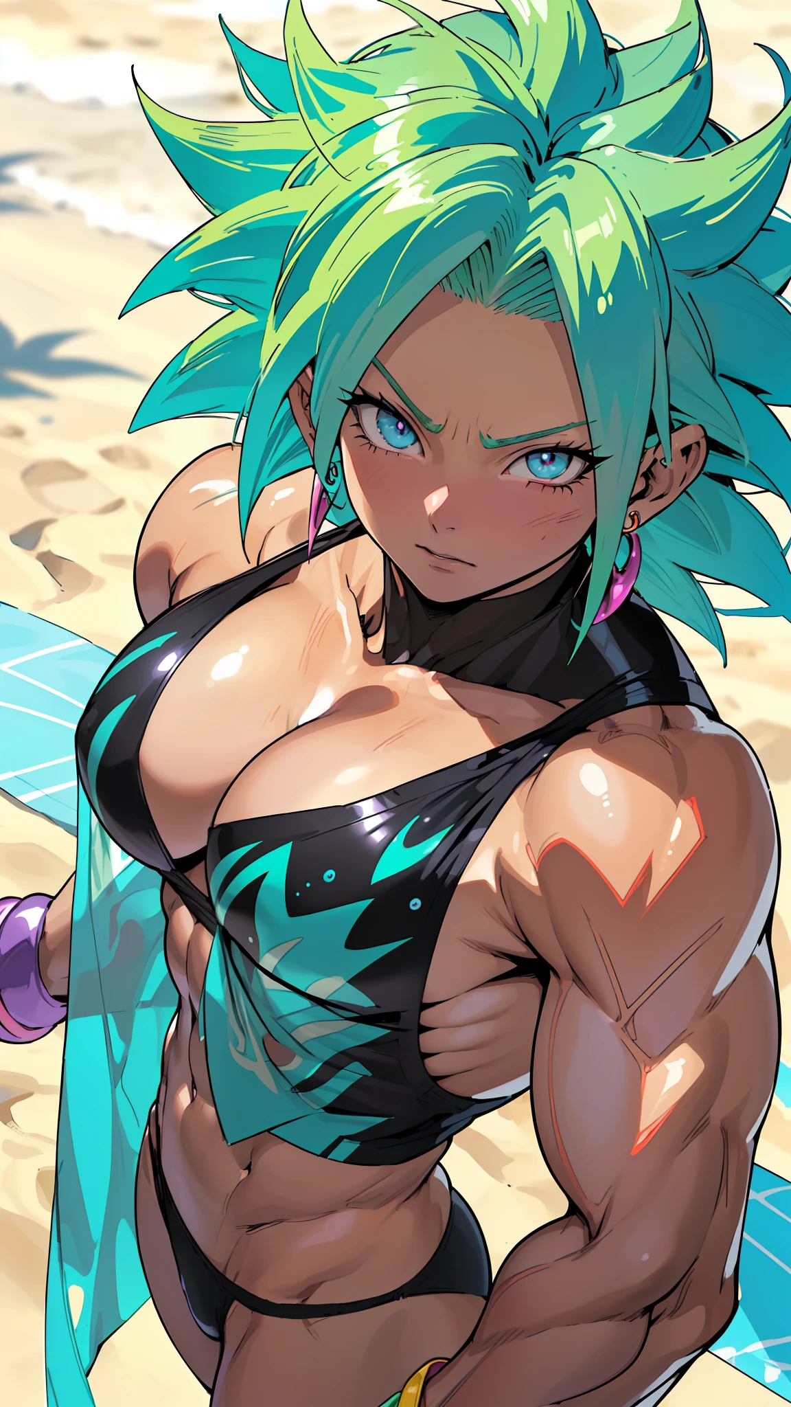 (anime) . Female (woman ((Kefla))), (blue eyes + neon green hair + purple bikini + female Broly + on the beach)  . (Masterpiece: 1.8), (64k quality), (final fantasy artwork concept), detailed (manga eyes + hair + clothes + body + face + colors + shoulders + eyes (globular + transparent + liquid) + (sharper drawings) + (shiny jewelry) + (clothes folds) + (rounded eyes) + (consistent clothes) + (clothing features) + (eyes line), better (colorful + (coarser line) + (black line) + finishing . [Drawing] (Anime (Manga (Comics))) + (Coarse Line: 1.8) + (Black Line: 1.8) + (Color: 1.8) + (Clean: 1.8) + (Contrast: 1.8) + (Black Outline: 1.8) + (adjusted colors: 1.8) + (shadow set: 1.8) + (manga eyes: 1.8) + ((muscle: 1.8)) + ((bodybuilder: 1.8)), ((made homogeneous: 1.3))