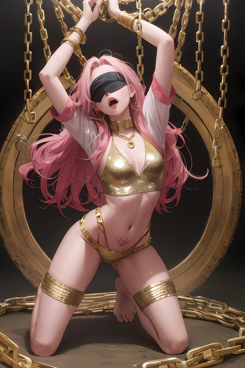 Barefoot, pink long-haired beauty wearing only white gold-trimmed rubber coat, half-exposed chest, arms tightly tied by rope several loops behind the back, legs tightly tied by rope several times, a little liquid under the body, gold collar connected to chains, pink tattoos on the lower abdomen，Gold anklets，Golden chastity belt，The background cell is dark and damp, blindfolded, mouth slightly open, kneeling in front，quadratic element