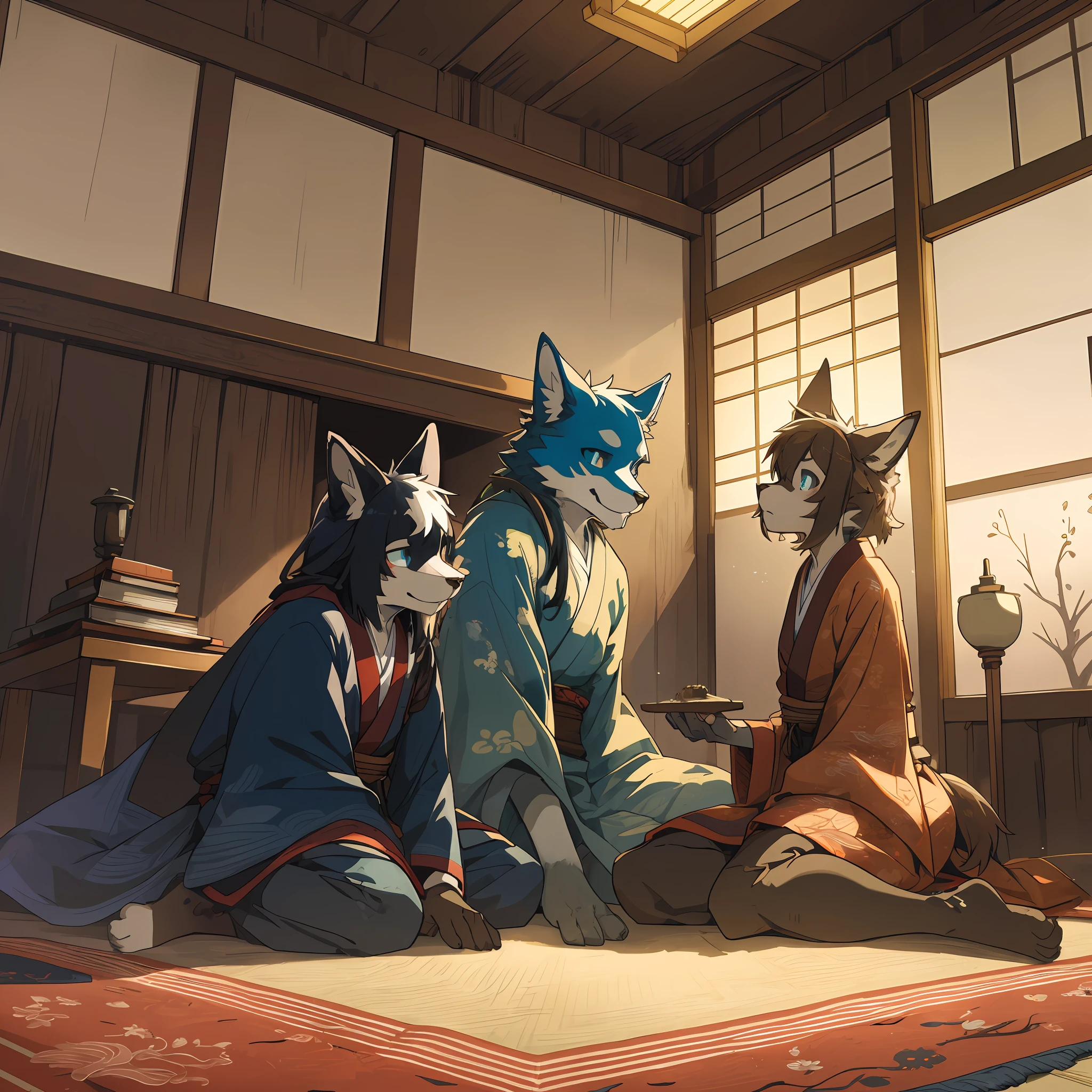 top quality, best quality, High-quality illustrations, masterpiece, super high resolution, detailed background, The deep silence of the night, the spacious hall of a weathered Japanese house, the darkness, the faintly lit old kotatsu, peeling wallpaper, deteriorated furniture, windows, swaying curtains, moonlight, eerie light and shadows, worn-out carpet, rusted clock, ancient books, aged shoji screens, footprints on the floor, the enigmatic presence, 6+boys, 6+girls, absurdres(highly detailed beautiful face and eyes)perfect anatomy, expression, good lighting, cinematic shadow(kemono, furry anthro)assorted poses, dynamic angle,