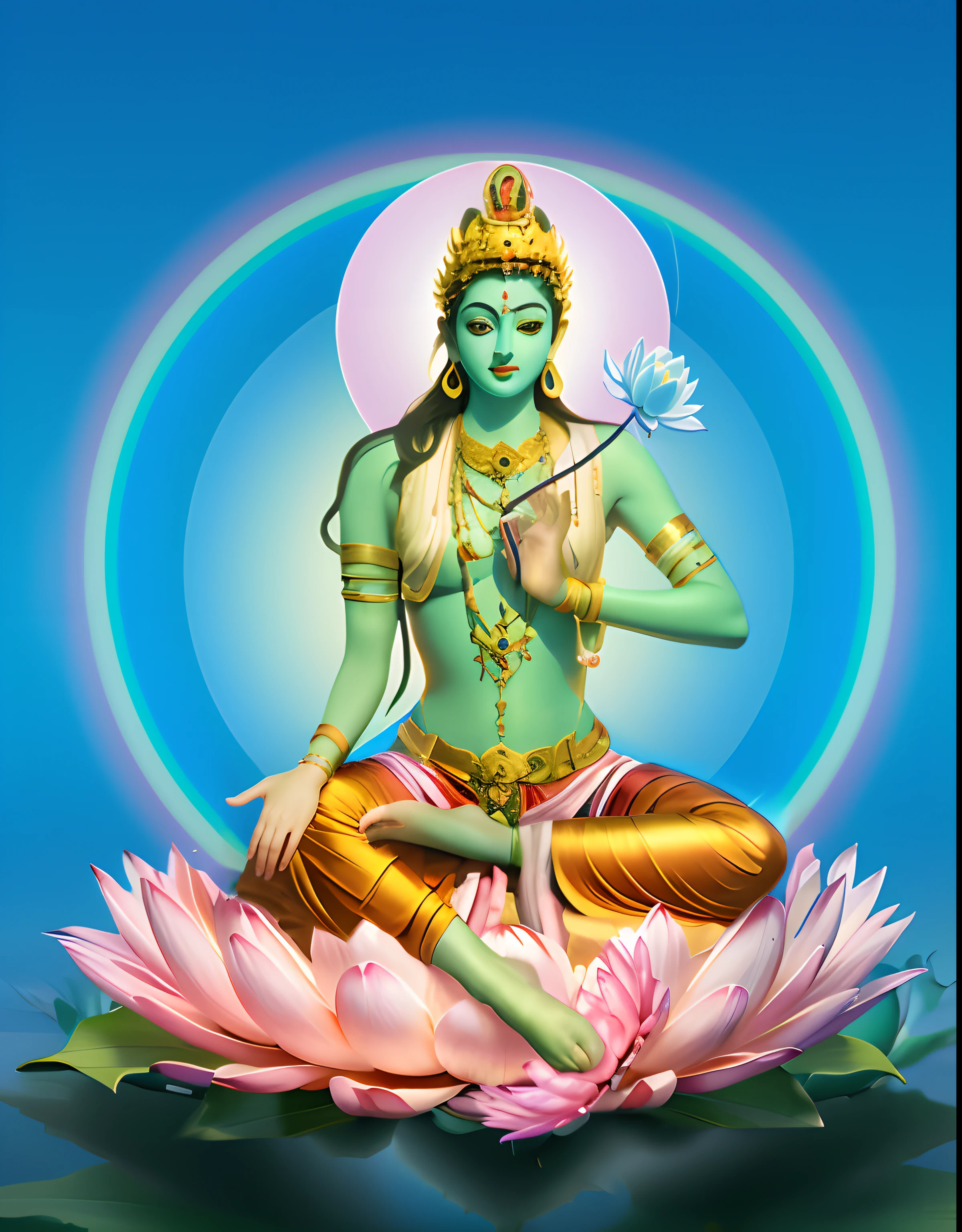 In the void, Beautiful virgin sitting leisurely,(The palm of your hand faces the camera),A lotus flower squeezed in his hand,The head is tilted slightly to the right,The body is in a curved position,Embodies the curved posture of the female body,White silk bodice,Delicate and radiant skin,Barefoot,(Long curved eyebrows),Beautiful eyes sparkle,The large, Jewel-like eyes sparkle,Clear pupils have reflected light,二重まぶた,Lying silkworm,looks into camera,((Plump and rosy lips)) Clearly visible,((Flushed cheeks)),The mandible is plump,Green skin is delicate and smooth,Delicate skin translucent,A delicate and dexterous crown,inlaid gemstones,Delicate and skillfully set gemstones,(Yellow silk loose skirt),Perfectly designed jewelry is exquisite,Beautiful eyes looking directly at the camera,(((nice hand))),((((Good feet))),(((good legs))),realisticlying,white skinned,((Correct body structure)),Lower skirt of yellow silk,Blue sky,Head background with round light,Behind him is a colorful rainbow circle,Color glow is turned on,Front lighting,Positive light,No shadows on the face,There are no shadows on the body,Blue sky,Unreal space,ethereal world,dreamworld,with blue sky and white clouds,tmasterpiece,4K,ultra-definition,professional photoshooting,Perspective looks up,Standard lens shooting,