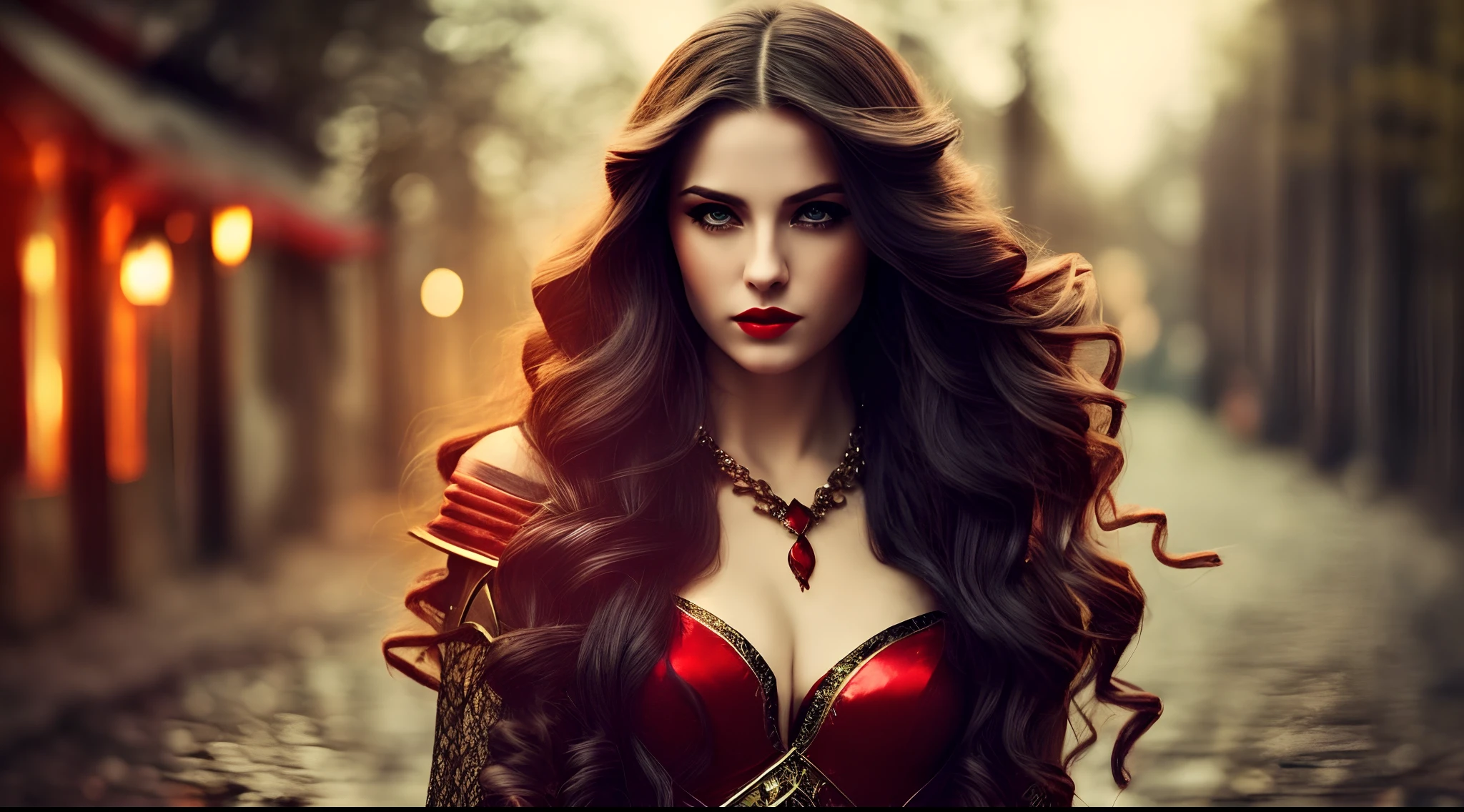 Sexy sexy sexy woman, red lips with vampire and elven vibes, long hair on a dark night street with light in the background, very feminine warrior clothing, cinematic bokeh background, realistic 16k dark lighting and with lots of detail --auto