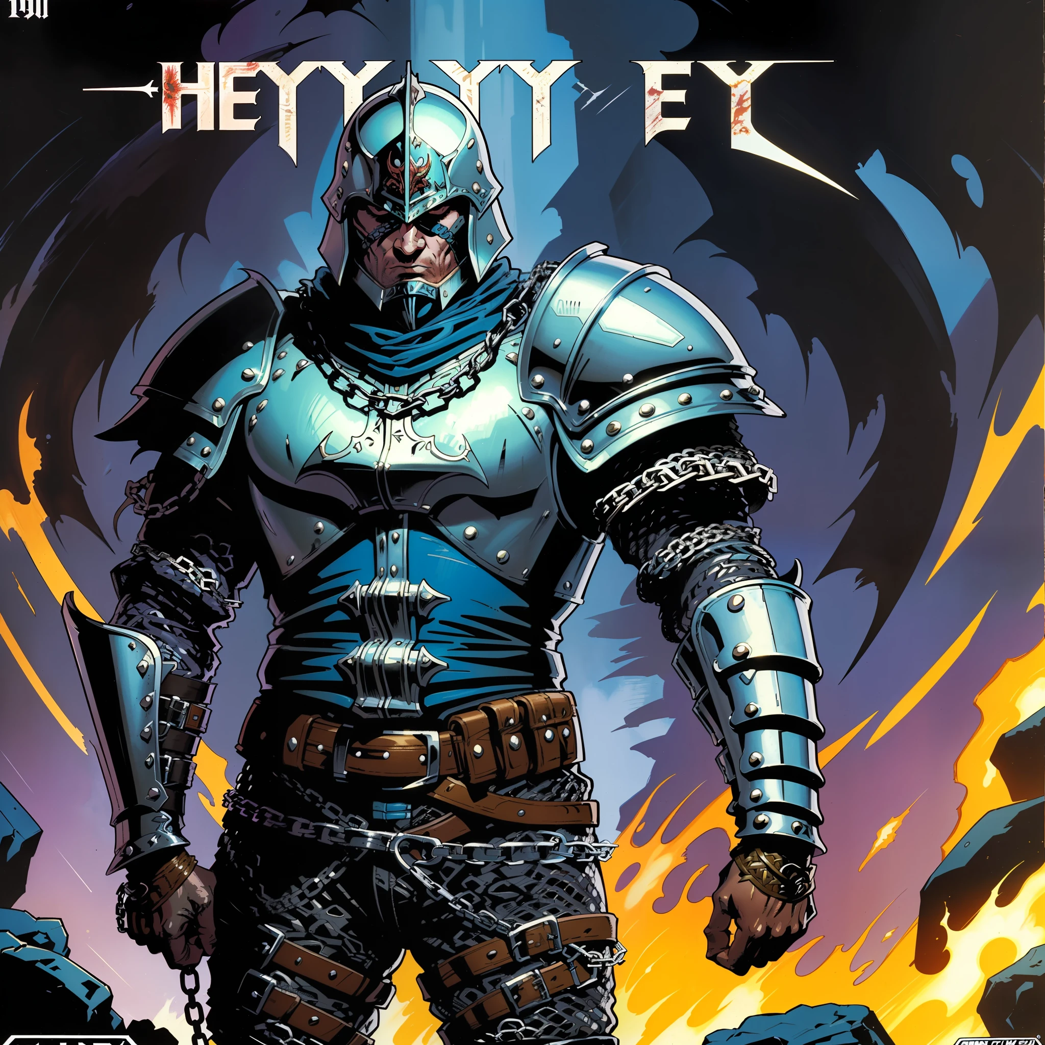 medieval, fantasy, dark, edgy, art style of Simon Bisley, ((1990s heavy metal magazine cover art)), cartoony, armor, protagonist, illustration of a soldier, solo, concept art, stylized, blue vest, ((chainmail shirt)), simple design, exposed face, painting, chainmail, gauntlets, long sleeves, helmet.