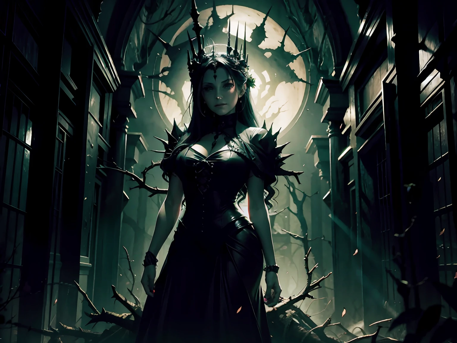 A MACABRE AND TERRIFYING STATUE OF A WOMAN FULL OF THORNS in A DARK AND DENSE FOREST AT NIGHT IN THE LIGHT OF THE BACKGROUND MOON, Clima denso, gothic horror vibes, arte de fantasia de terror, cores mortas
