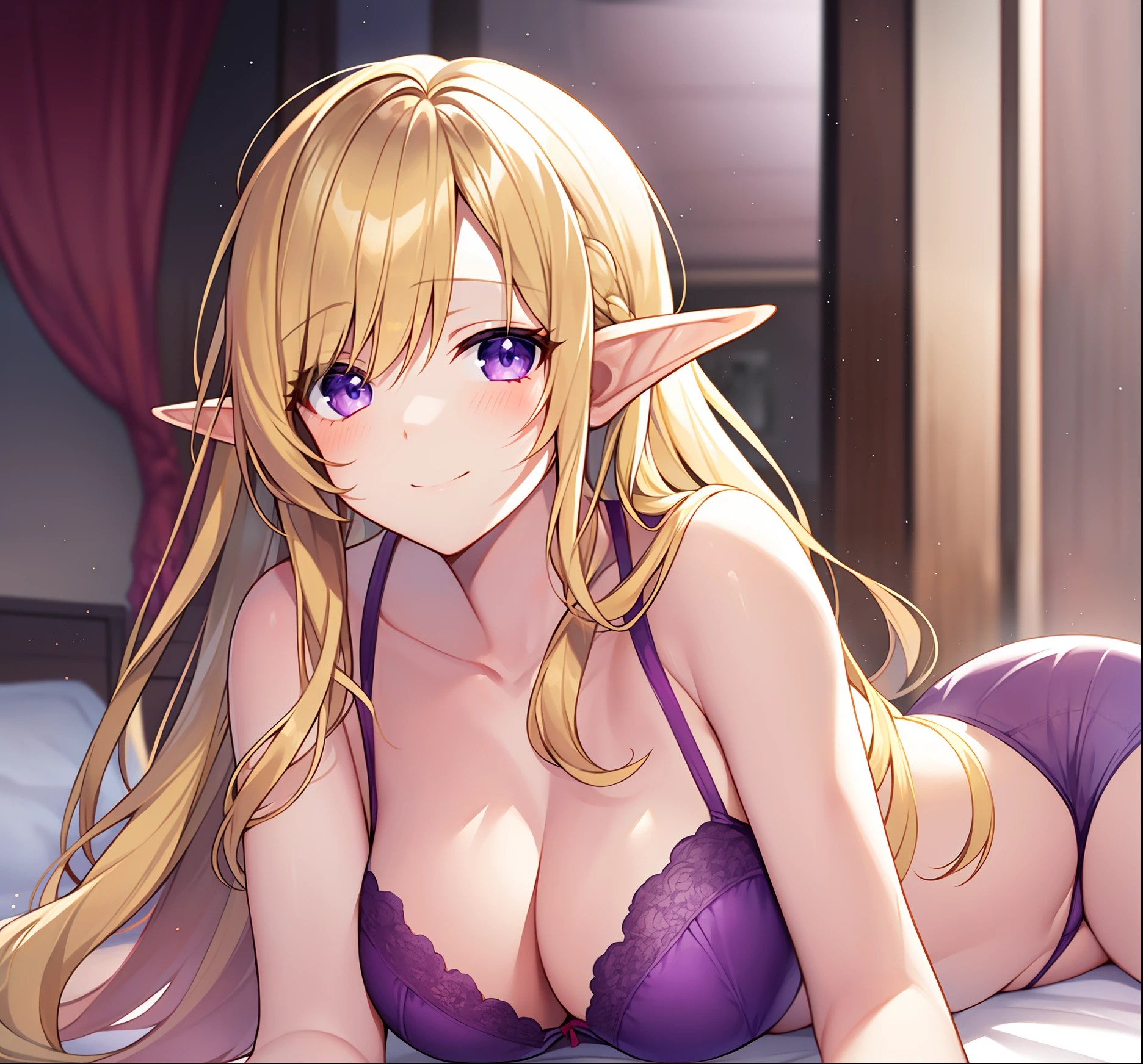 Elf woman, blonde hair, long hair, beautiful eyes, purple eyes, slight smile, calmy look, slight blush, long hair, beautiful hair, beautiful eyes. Half-naked, beautiful body, slender body, mature body, purple bra, purple panties. Is inside a nice bedroom, lying on a bed.