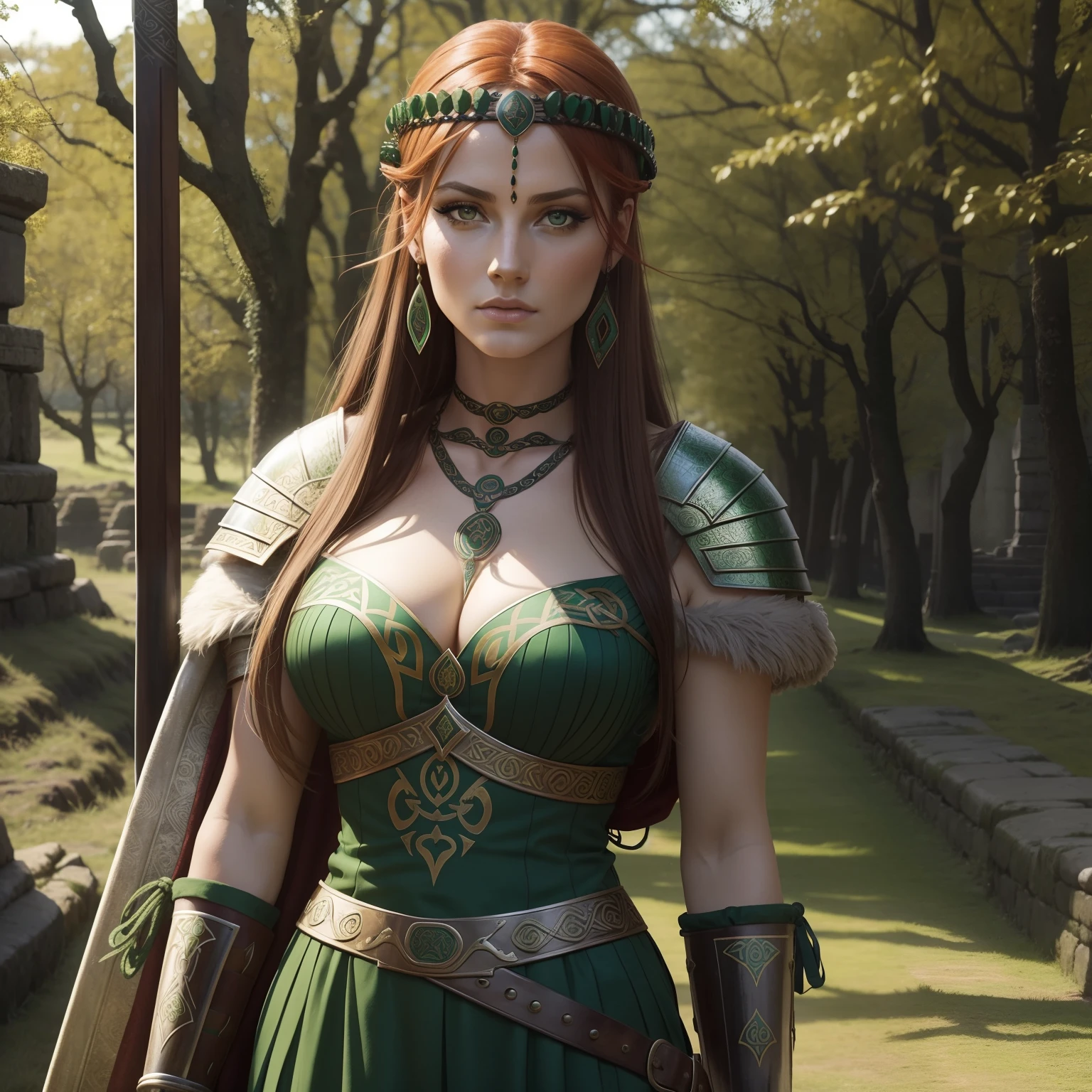 Boudica of the iceni, beautiful queen, sexy, attractive, celtic make-up, celtic clothing, green theme, ancient lingerine
