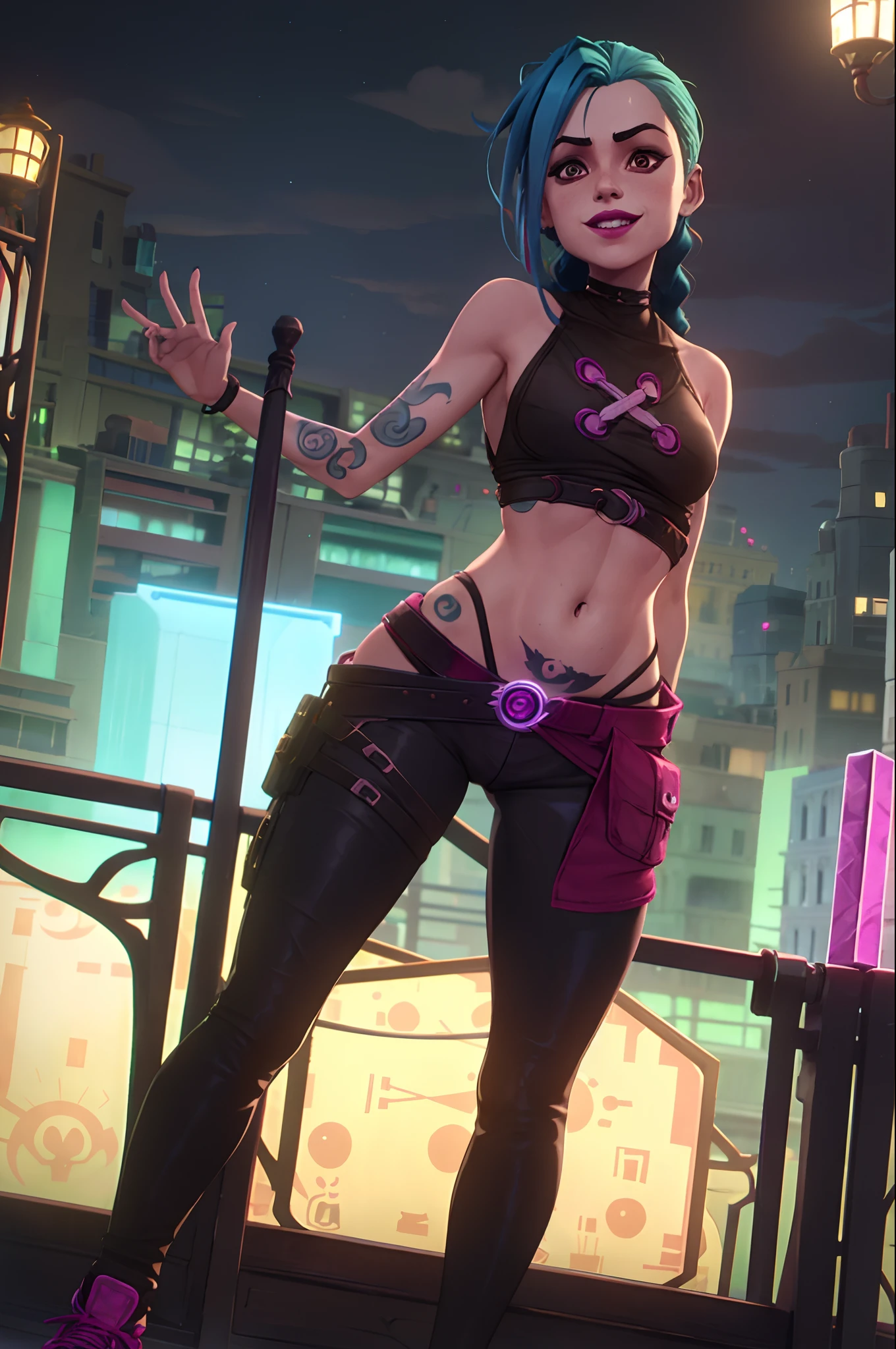 arcane style, 1girl, full body image, detailed face, colored sneakers, NSFW, arm tattoo, asymmetrical bangs, bangs, blue hair, braid, brown shirt, cloud tattoo, looking at viewer, small tits, squat, smiling, night, city, green hair, long hair, midriff, pink eyes, red lips, shirt, solo, standing, tattoo, twin braids, arcane jinx, jinx \(league of legends\), tight clothes