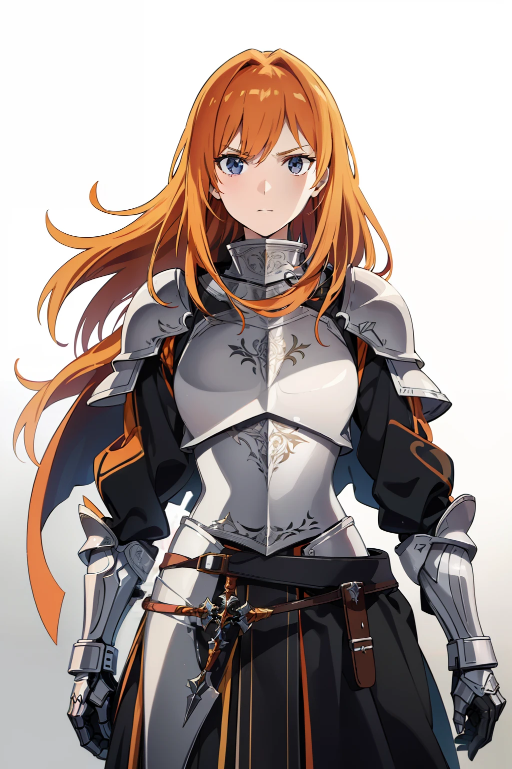 female, age 16, long orange hair, detailed face, serious face, wearing light silver armor, foil at waist, front camera, white background