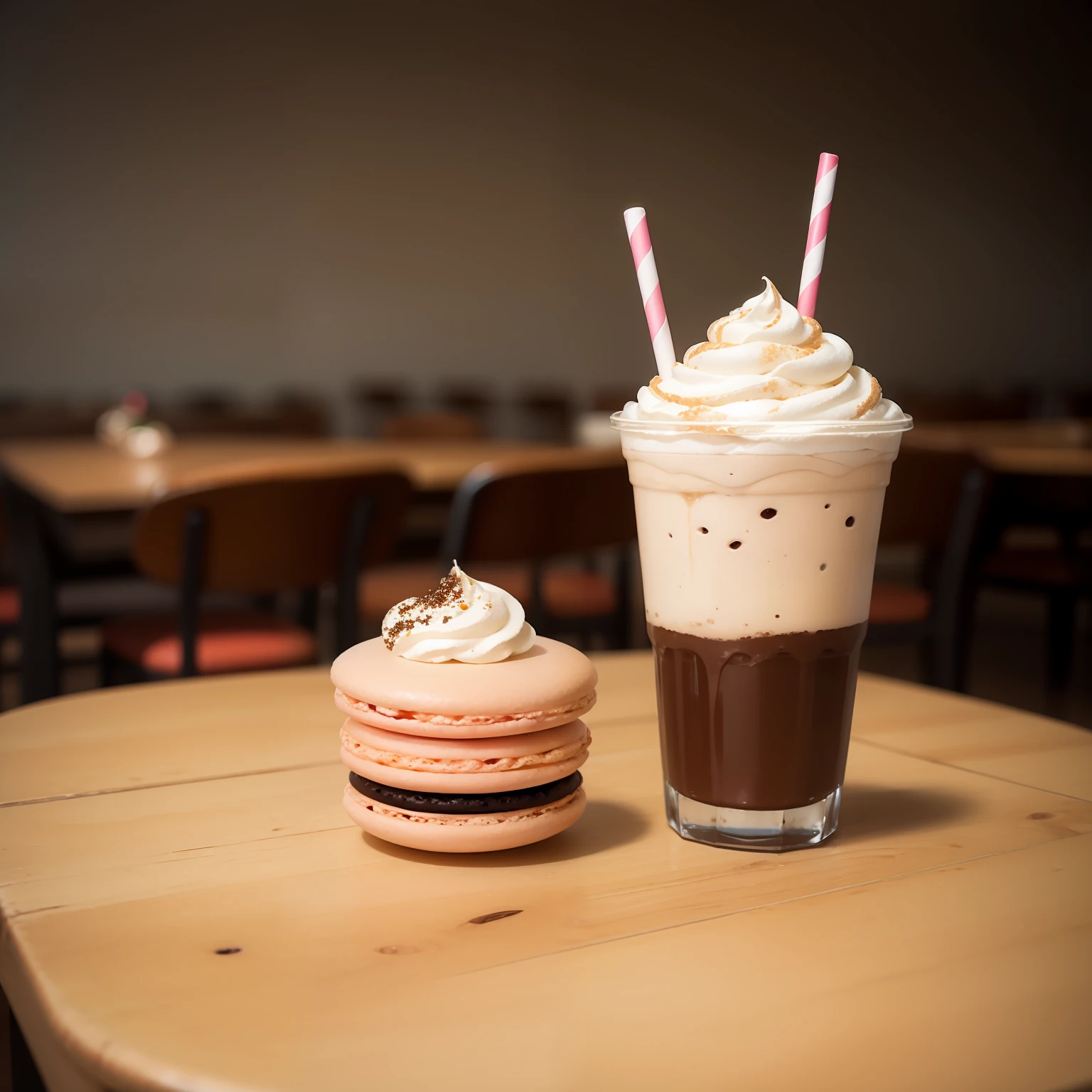Frappuccino and macarons, on a table