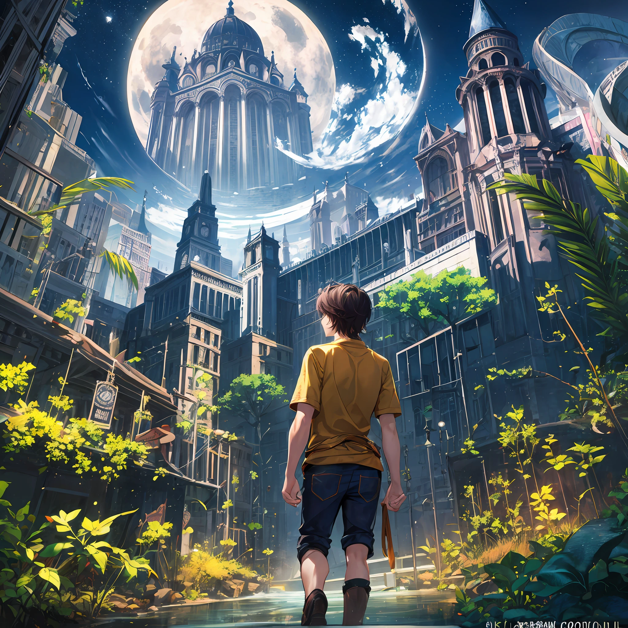 a beautiful adventure boy in city of gold in jungle moonlight realistic, hd 4k clearity  , masterpiece, old buildings and artifacts made of gold,beautiful scenery in moonlight, night --auto --s2