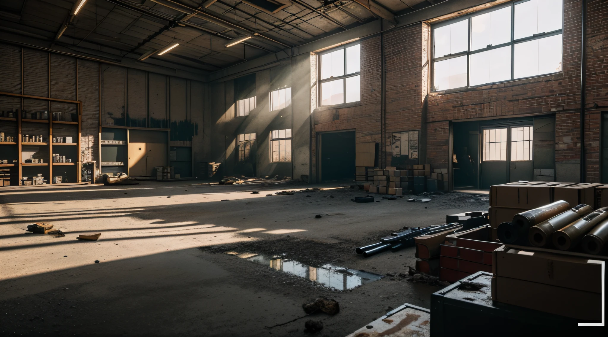 Background image of the game's main menu,abandoned warehouse,The warehouse was full of guns, Ammunition supply,You can see the windows,In the daytime,The sun shines inside the warehouse,The shelves were full of guns, Ammunition and supplies,Survivor base
