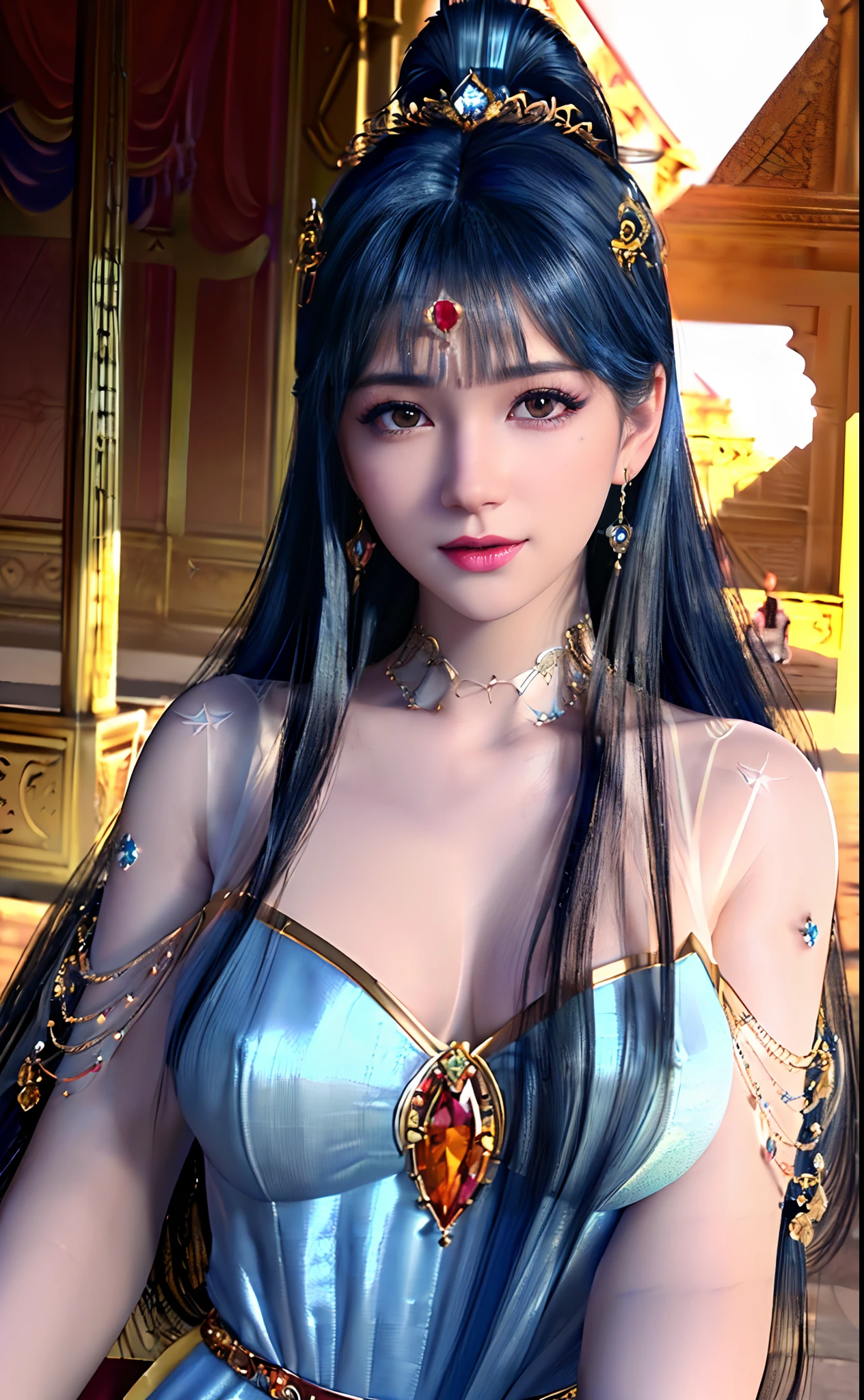 ((realisticity: 1.2)), ((best resolution: 8K UHD)), best quality,masterpiece,highres,cg,
((1 super detailed and super realistic girl)), ((very beautiful queen dazzling, super realistic, and super detailed)),((white skin, beautiful, smooth, youthful, super realistic and super detailed
)), long hair, ((super realistic and super detailed dress)), solo, ((super realistic, super beautiful, gorgeous and super detailed jewelry)), ((super beautiful, super realistic and super detailed dark red and golden yellow dress)),
((super beautiful, super realistic, super detailed diamond filled earrings)),
  ((super beautiful, super realistic and super detailed diamond filled hair ornament)), ((super beautiful upper body, super beautiful, super realistic and super detailed)), ((big breasts: 2.5)), 
((super grand, super realistic and super detailed royal palace backgroun))
((super beautiful, super beautiful, super realistic and super detailed hair bun)), ((super beautiful, super realistic and super detailed blue hair)),
candid, Photograph, high resolution, 8k,Bokeh,