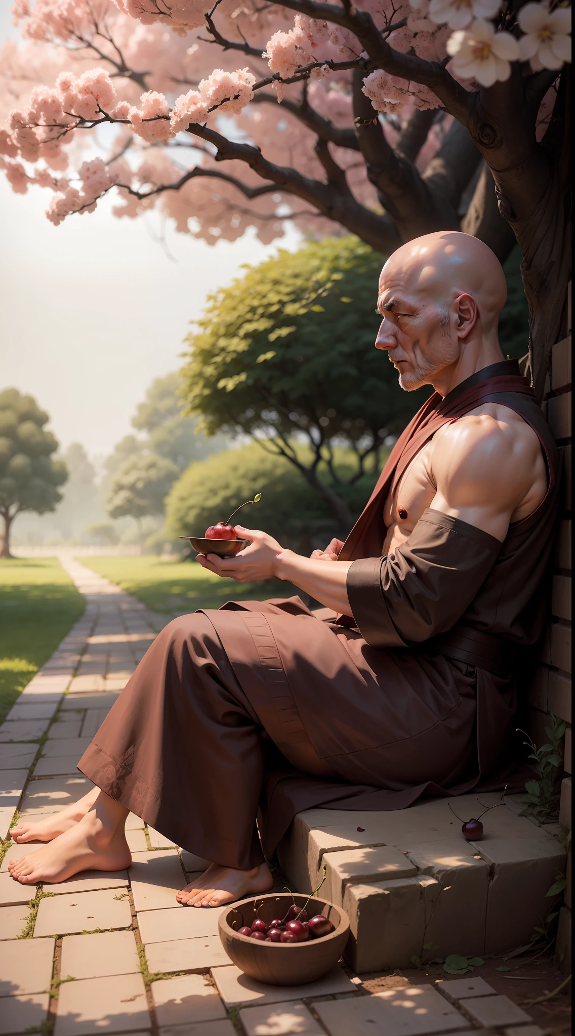 Old bald monk sitting on the floor talking to the young apprentice sitting under majestic cherry tree in his quiet garden.