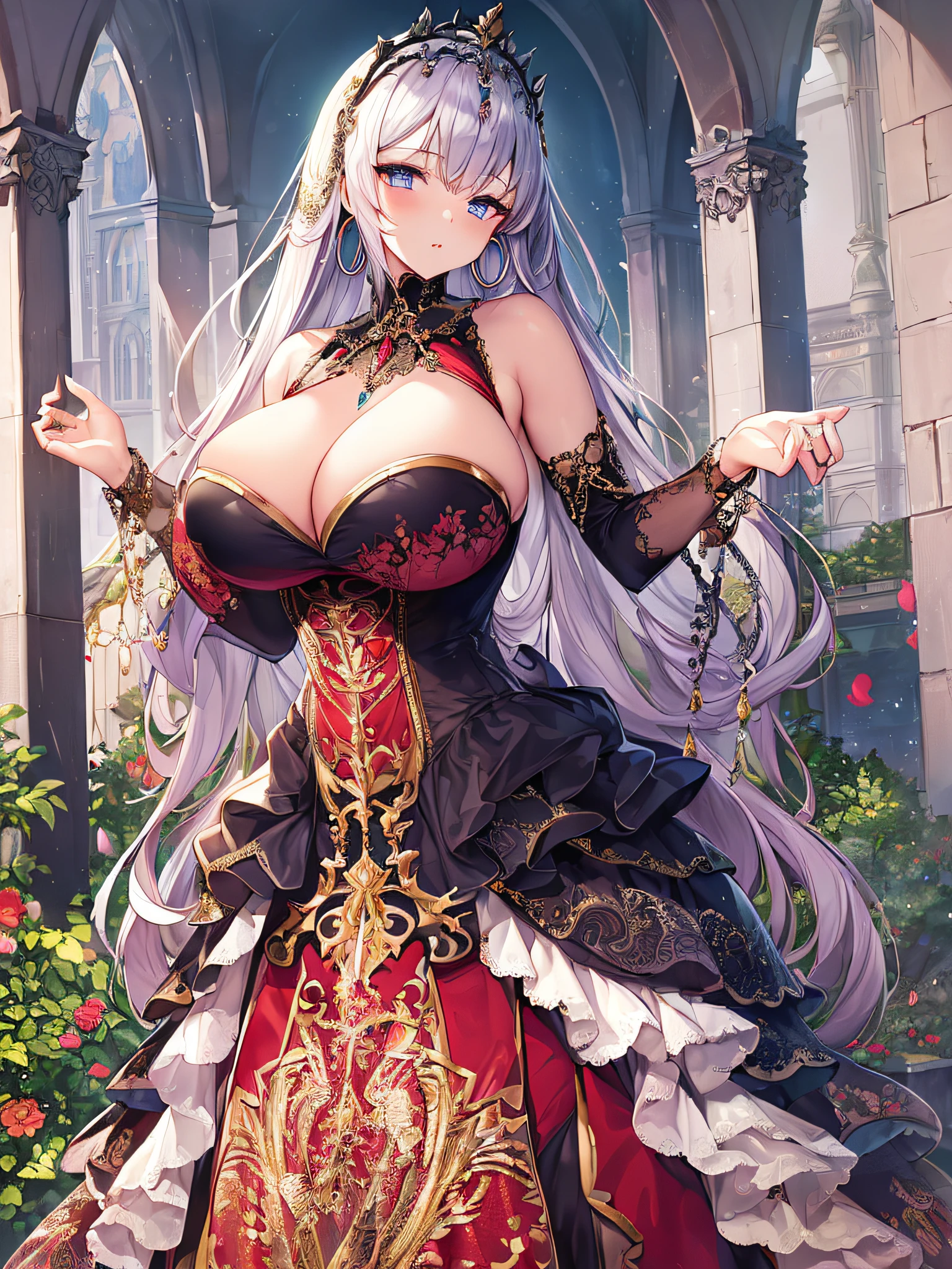 ((anime artstyle)),(Masterpiece),(Best Quality), (Super Detail),((Very Delicate and Beautiful)),(((Solo))),((full body)),(((1 girl in beautiful embroidery and jeweled gorgeous gothic dress with voluminous full length hoop skirt))),Long train,crinoline,(gorgeous gemstone jewelry),detailed face and eyes,jewel-like eyes,((extremely voluminous Very Long Hair,Straight Hair)),((gigantic tits,Long tits)),(gorgeousfull embroidery and lace),gorgeous corsage,See-through,extremely gorgeousfull hair ornament,bling-bling extremely gorgeousfull jeweled tiara,ornate ruffles,((Dynamic Angle)),Looking at viewer,outdoor,((beautiful detailed garden)),beautiful blooming flowers,((full body)),((beautiful embroidery and jeweled extremely gorgeous gothic dress with voluminous full length hoop skirt))