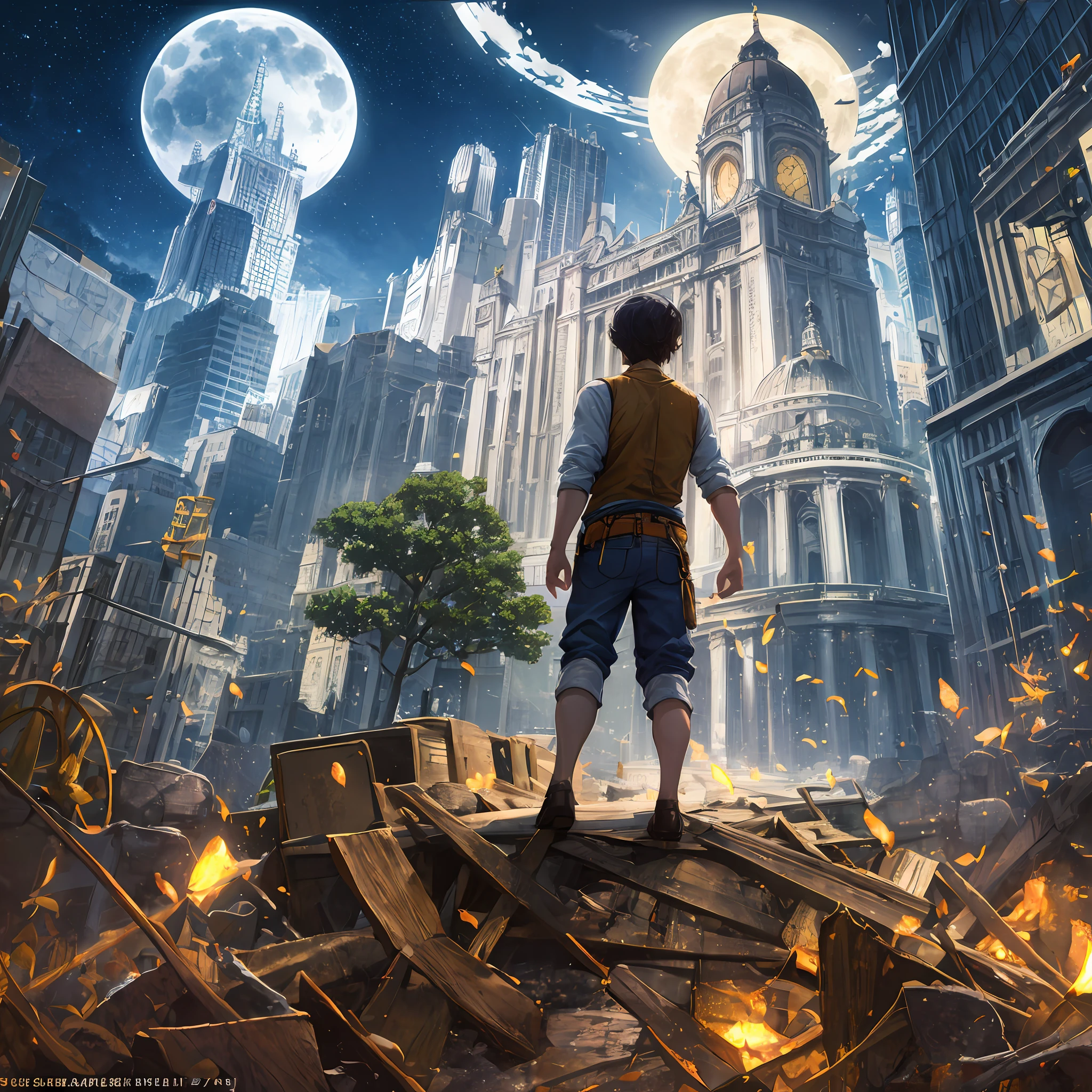 a beautiful adventure boy in city of gold in jungle moonlight realistic, hd 4k clearity , masterpiece, old buildings and artifacts made of gold,beautiful scenery in moonlight, night --auto --s2